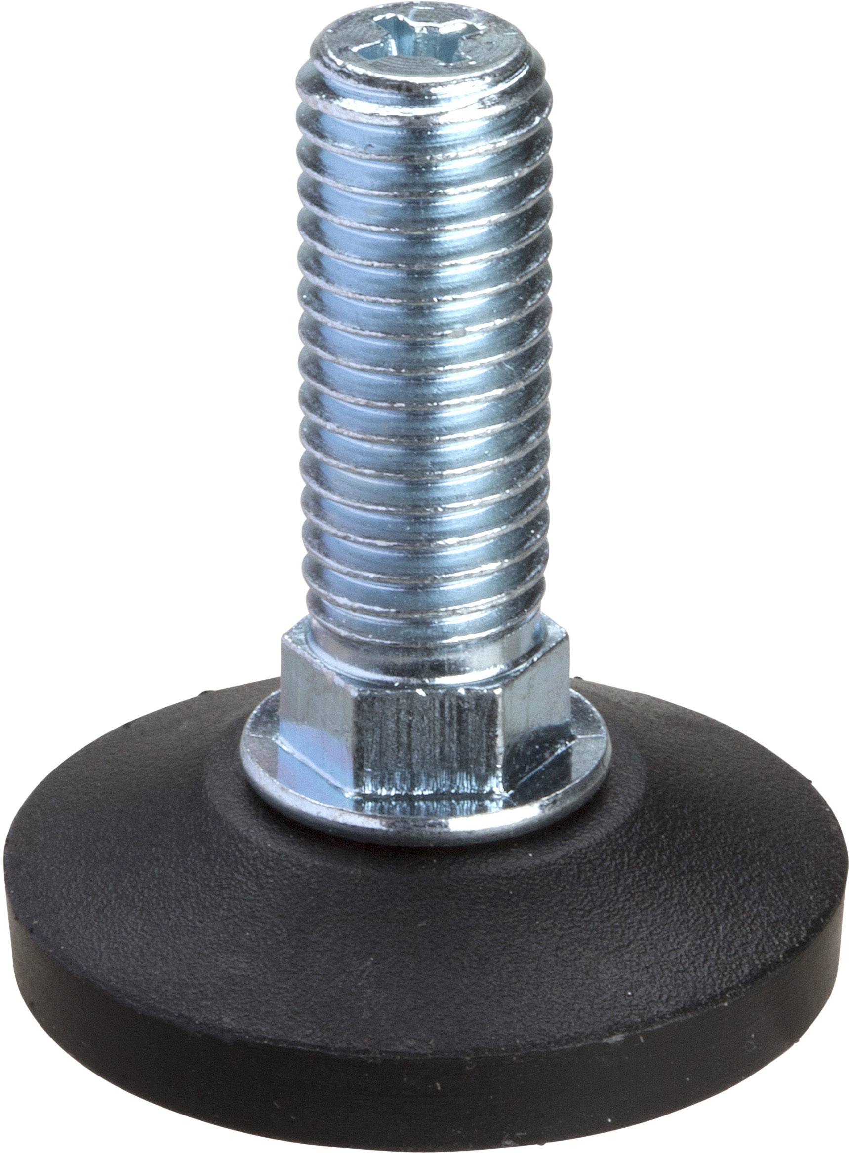 Schraube mit rundem, schwarzem Standfuß aus Kunststoff und einem metallischen Gewinde, geeignet für Möbel oder Maschinenbefestigung.