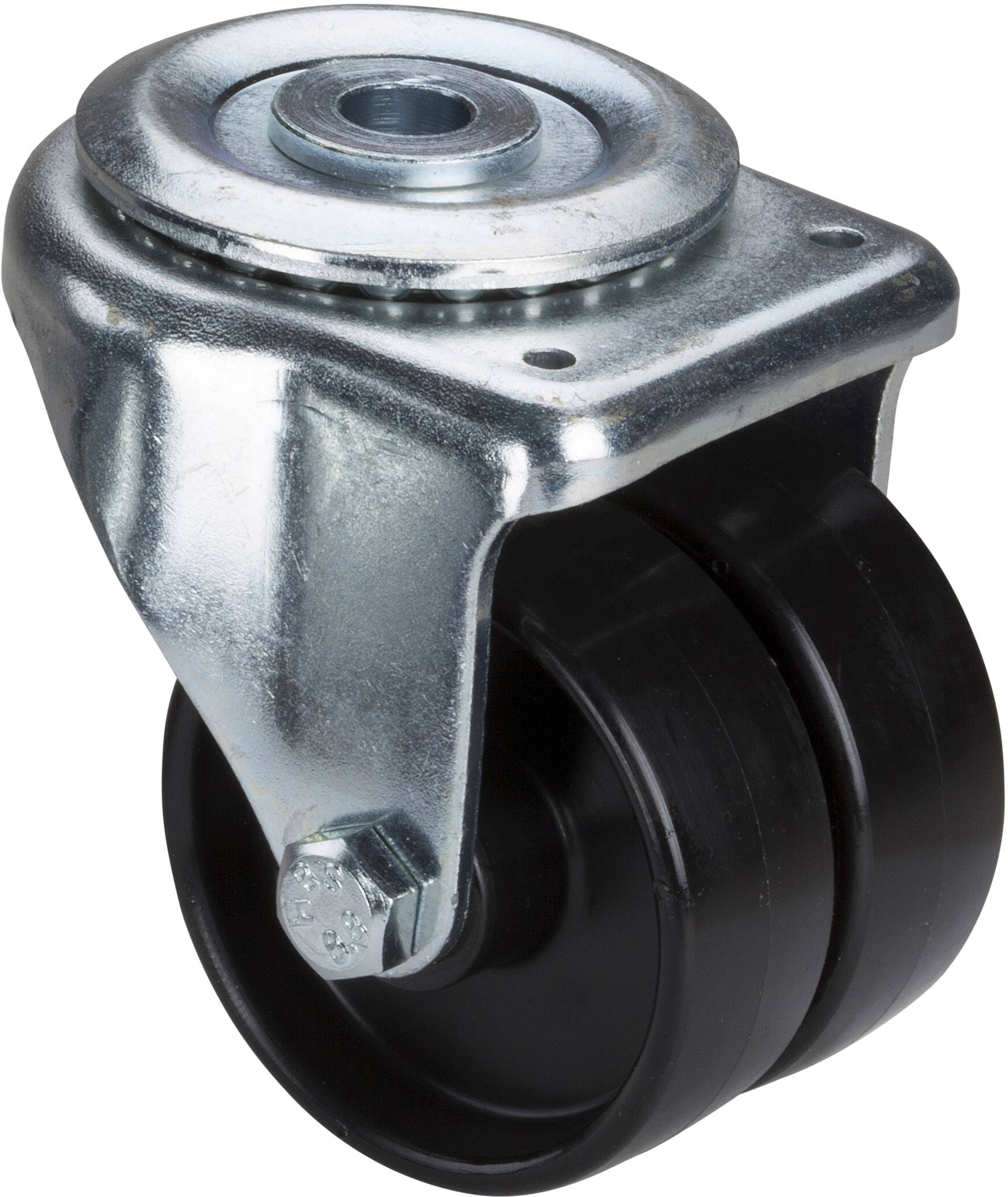 Schwenkrolle aus Metall und schwarzem Kunststoff, geeignet für schwere Lasten.
