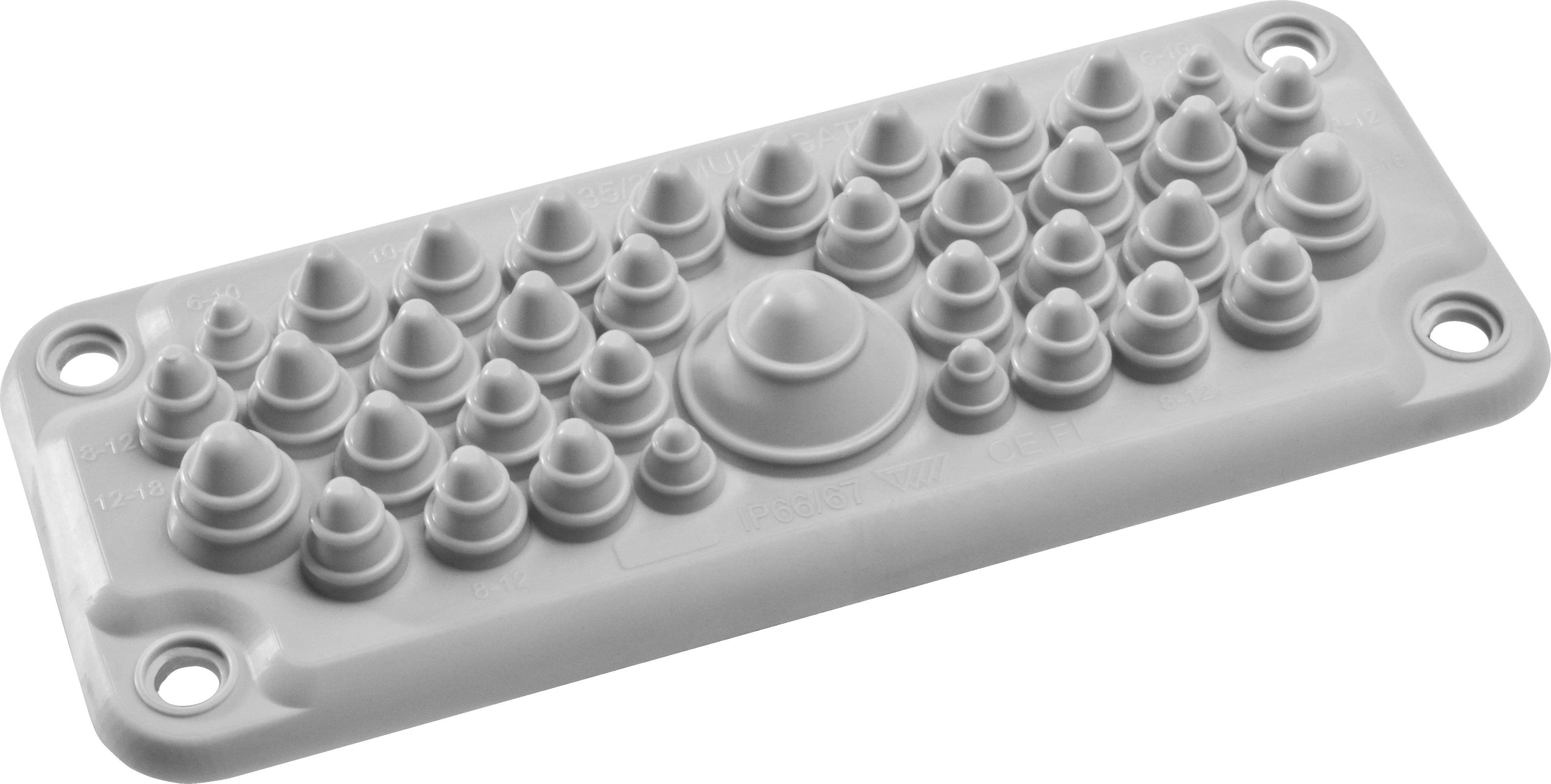 Graue, rechteckige Kunststoffplatte mit mehreren kegelförmigen Erhebungen in symmetrischem Muster.