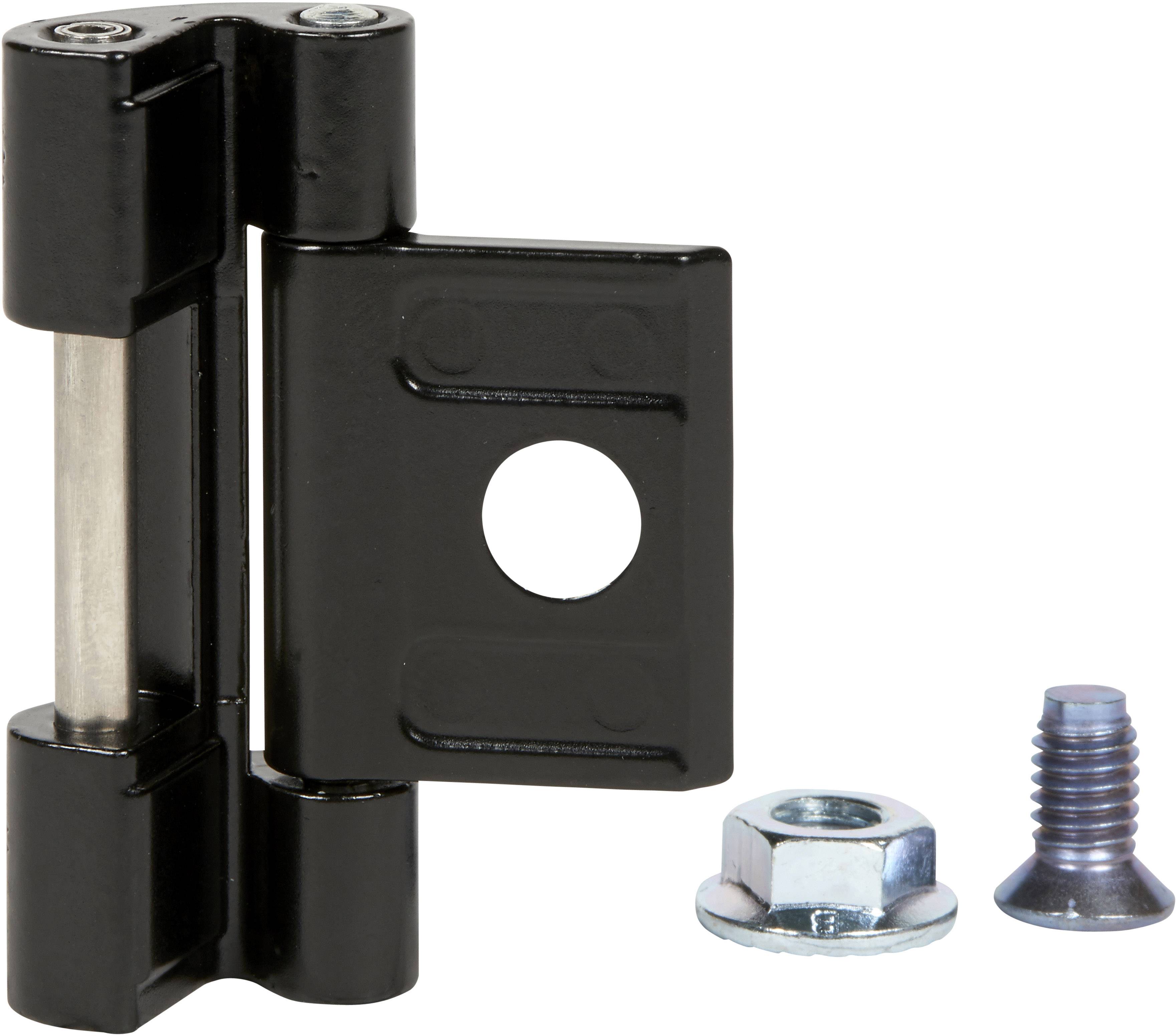 Schwarzes Türscharnier mit einem Loch in der Mitte, daneben eine Mutter und eine Schraube, vor weißem Hintergrund.