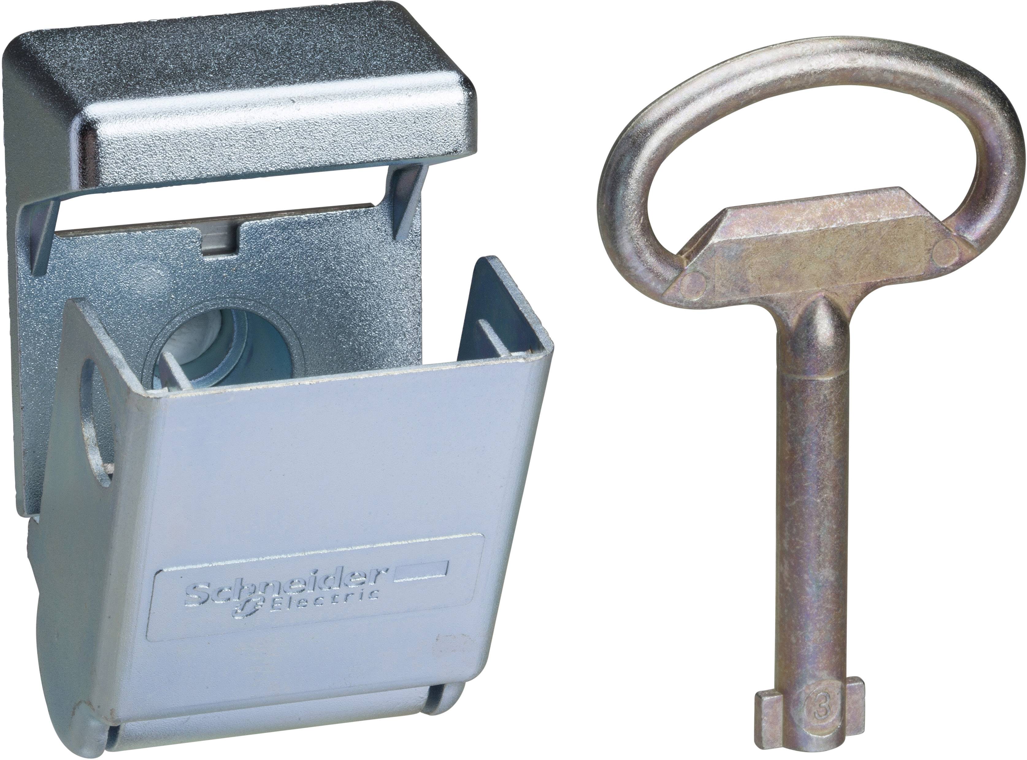 Silbernes Vorhängeschloss mit offenem Deckel und beigefügtem ovalem Schlüssel. Das Schloss zeigt den Schriftzug 'Schneider Electric'.