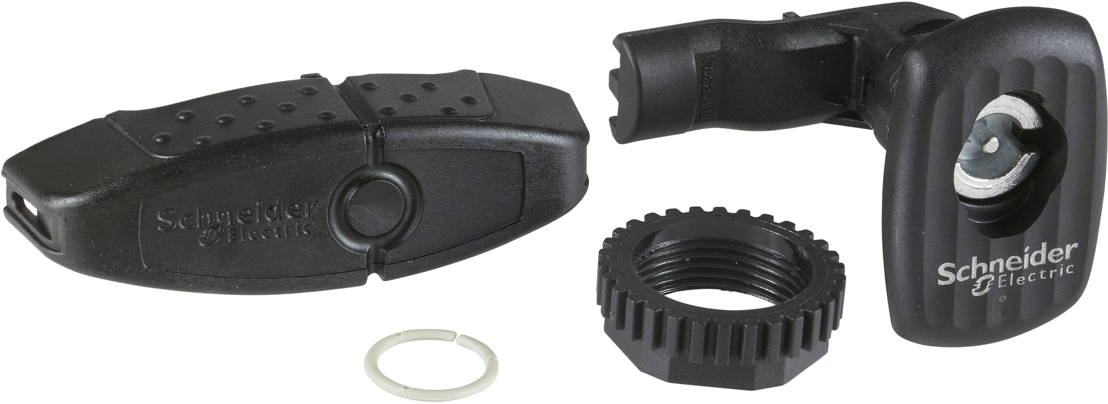 Ein schwarzes, abgewinkeltes Kabelanschlussstück von Schneider Electric mit Schutzkappe, Verschlussring und Dichtung.