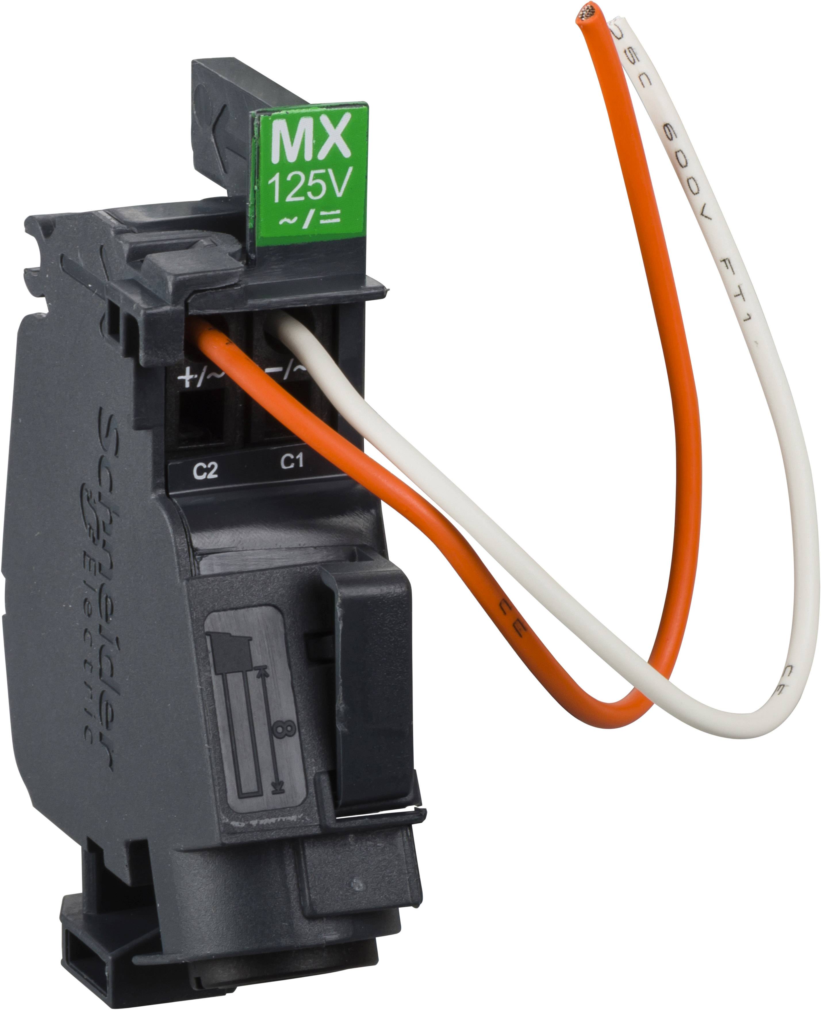 Ein elektrisches Modul von Schneider Electric mit Beschriftung 'MX 125V' und zwei herausragenden Kabeln in Orange und Weiß.