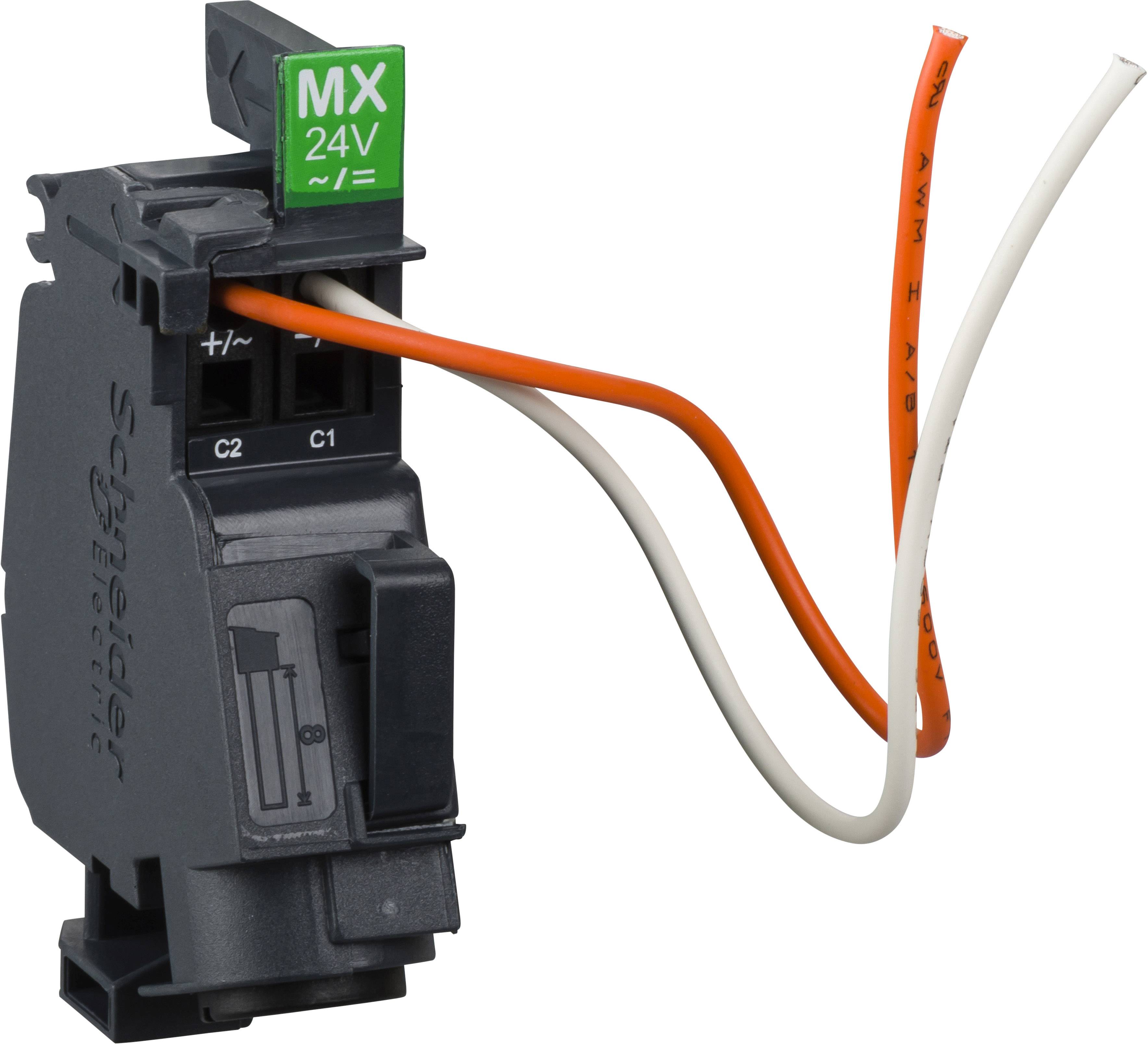 Schwarz-grauer elektrischer Schalter mit grünem 'MX 24V'-Aufdruck oben und zwei orangenen Drähten, die aus der Seite herausführen.