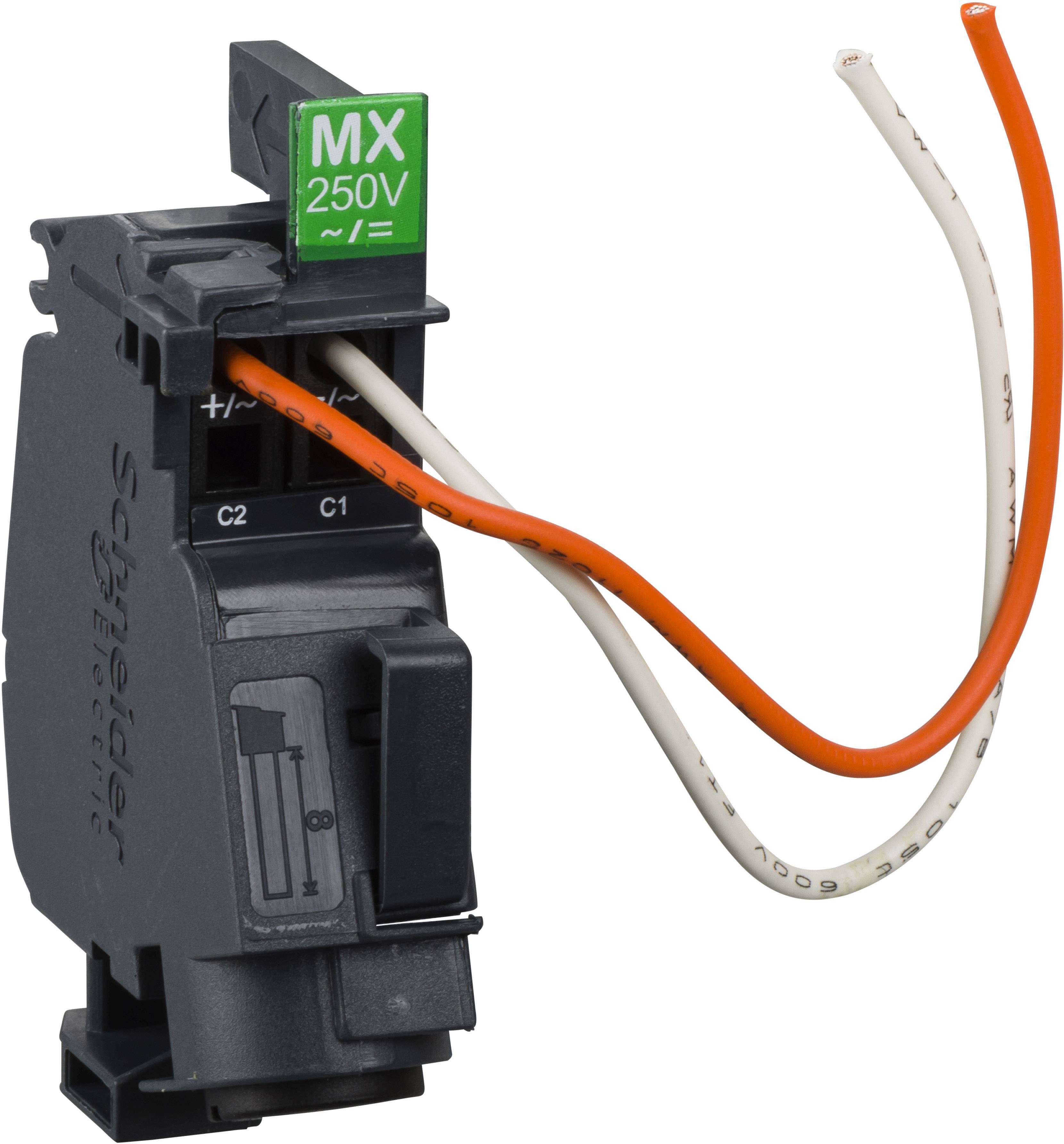 Ein elektrischer Schalter mit grüner Beschriftung 'MX 250V'. Zwei Kabel sind an den Anschlussklemmen befestigt.