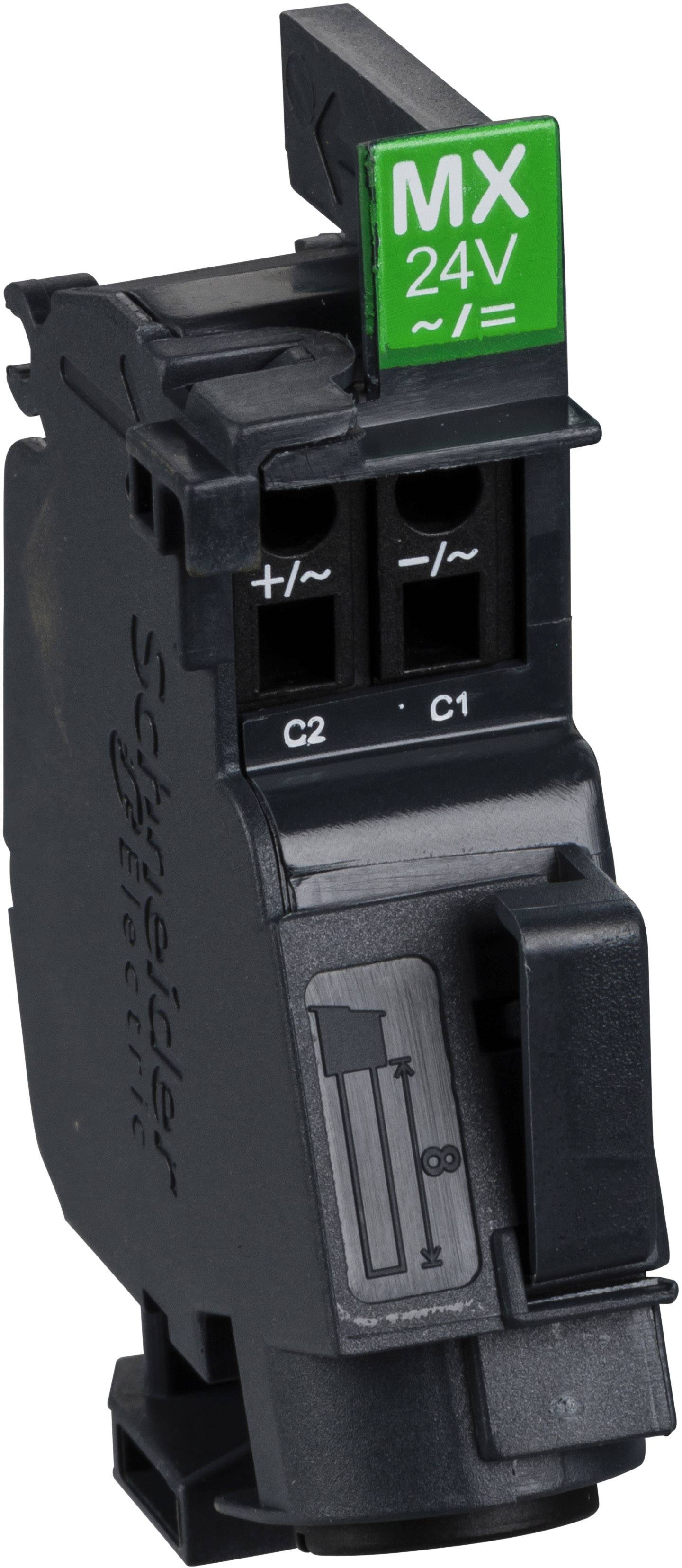 Ein elektronisches Gerät von Schneider Electric mit der Aufschrift 'MX 24V'. Es hat Anschlussklemmen für C1 und C2.