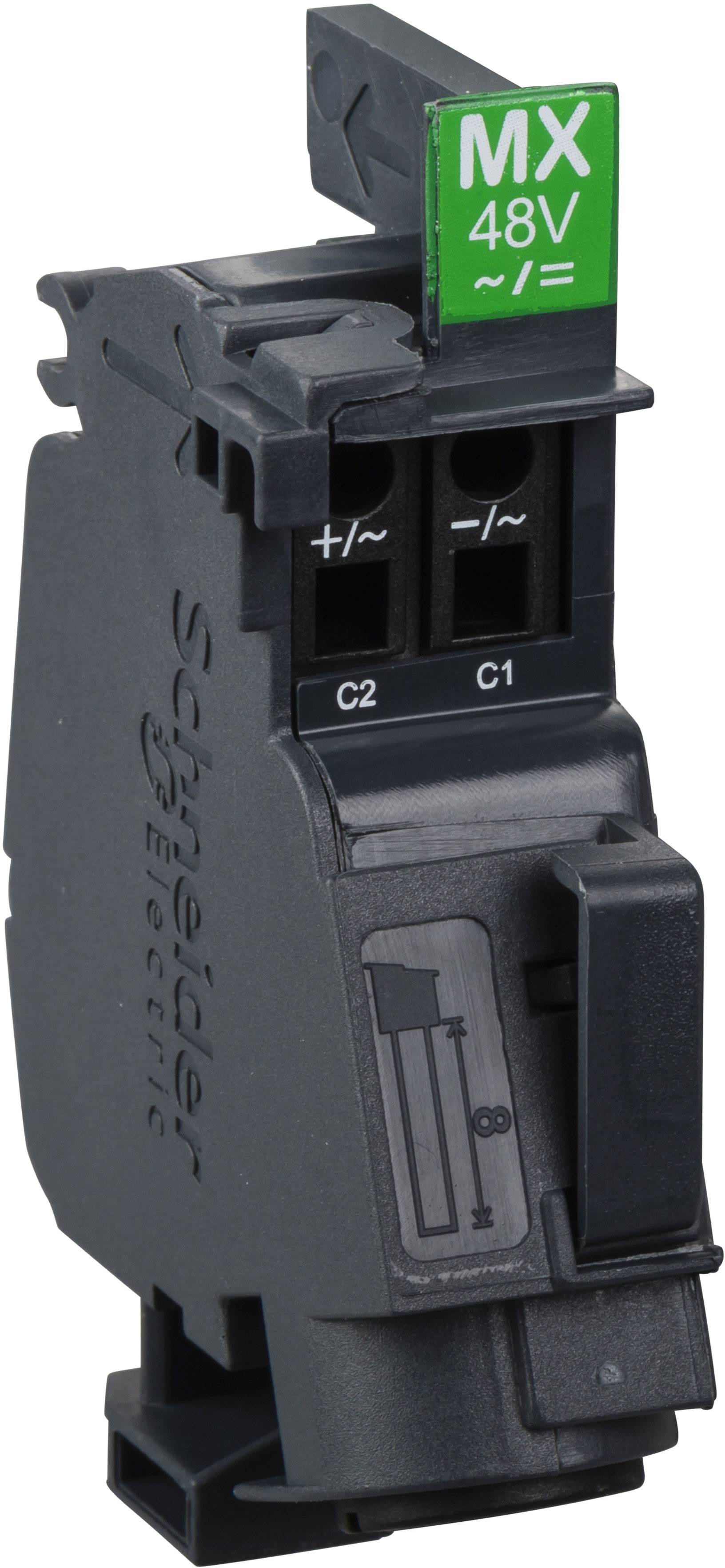 Das Bild zeigt einen grauen Leistungsschalter von Schneider Electric mit grünem Schild 'MX 48V'. Hauptanschlüsse sind mit C1 und C2 gekennzeichnet.