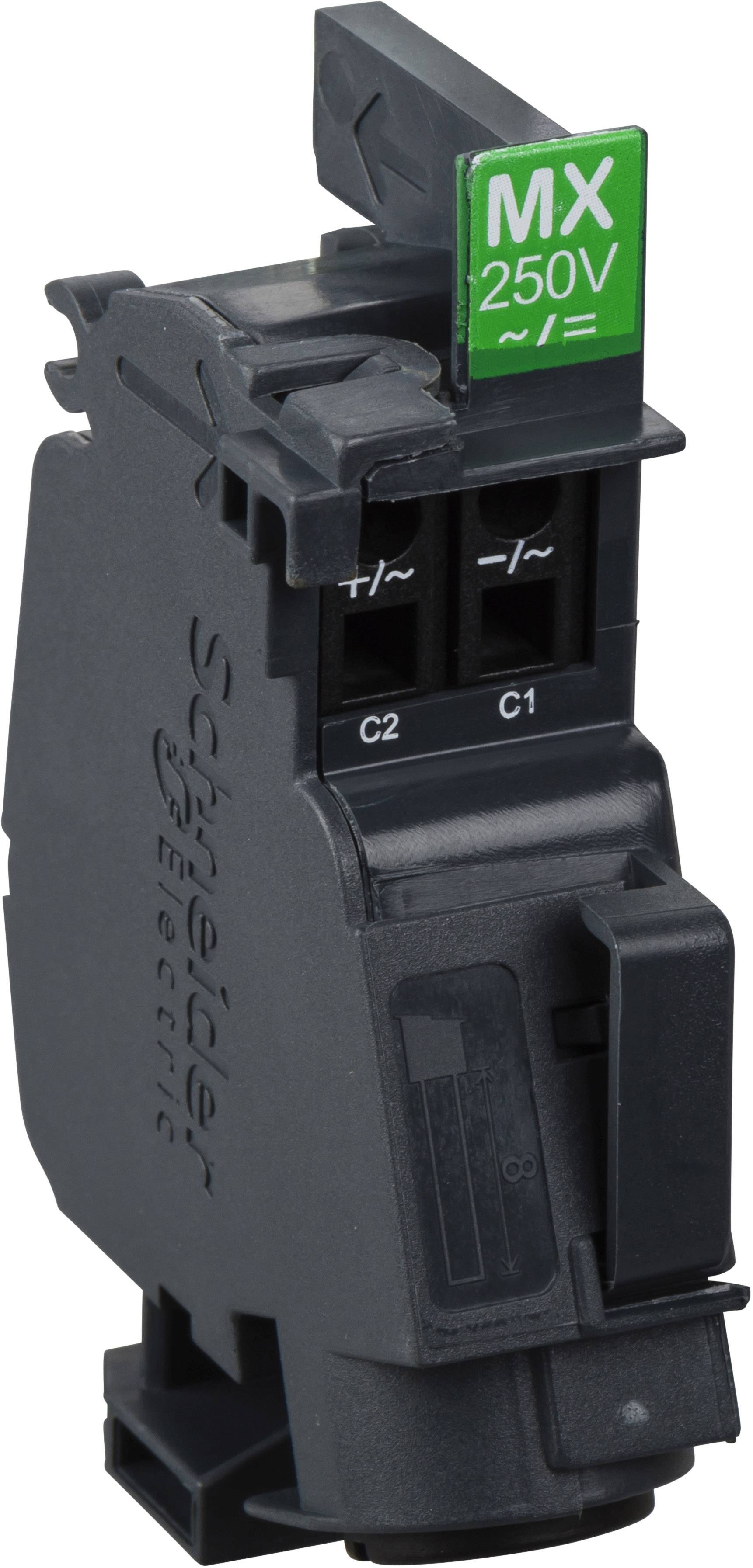 Abbildung eines elektrischen Schalters mit grünem Etikett 'MX 250V', hergestellt von Schneider Electric, zeigt Steckplätze C2 und C1.