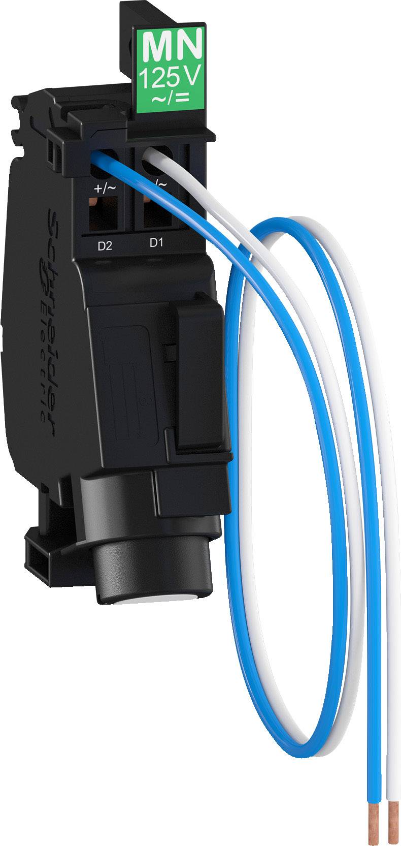 Schwarzes elektronisches Bauteil von Schneider Electric mit grüner Markierung 'MN 125V', zwei Drähten in blau und weiß.