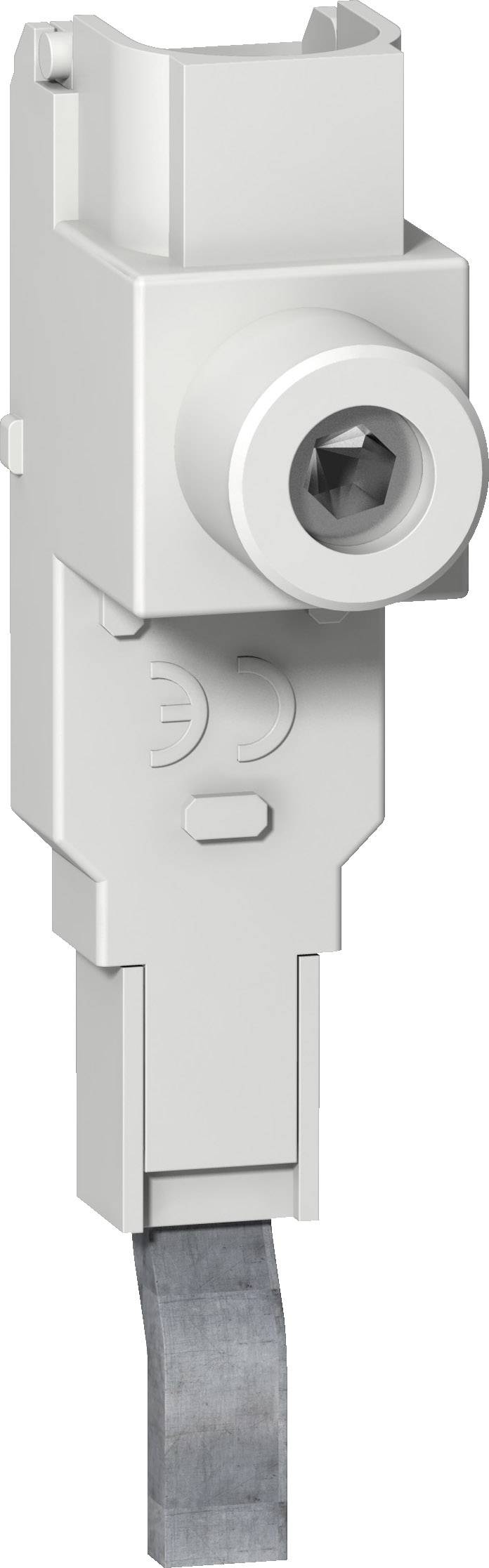 Ein weißer elektrischer Stecker mit einem Metallschuh unten und einer sechseckigen Öffnung oben zur Befestigung an einem Gerät.