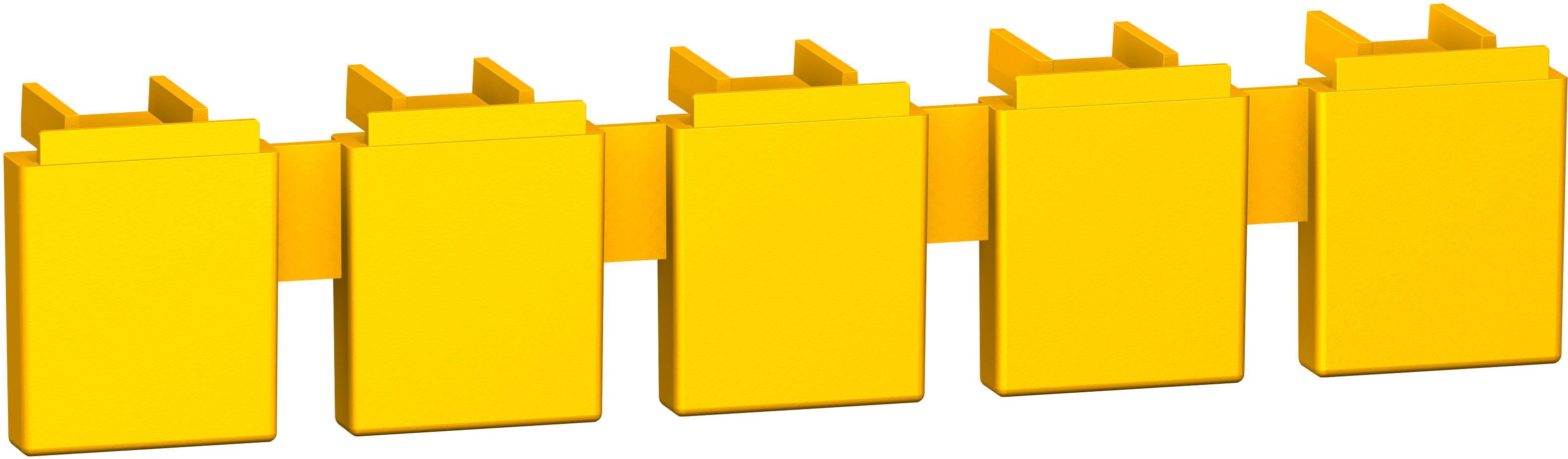 Fünf gelbe Bauklötze in einer Reihe, verbunden durch ein gemeinsames Oberteil, auf weißem Hintergrund.