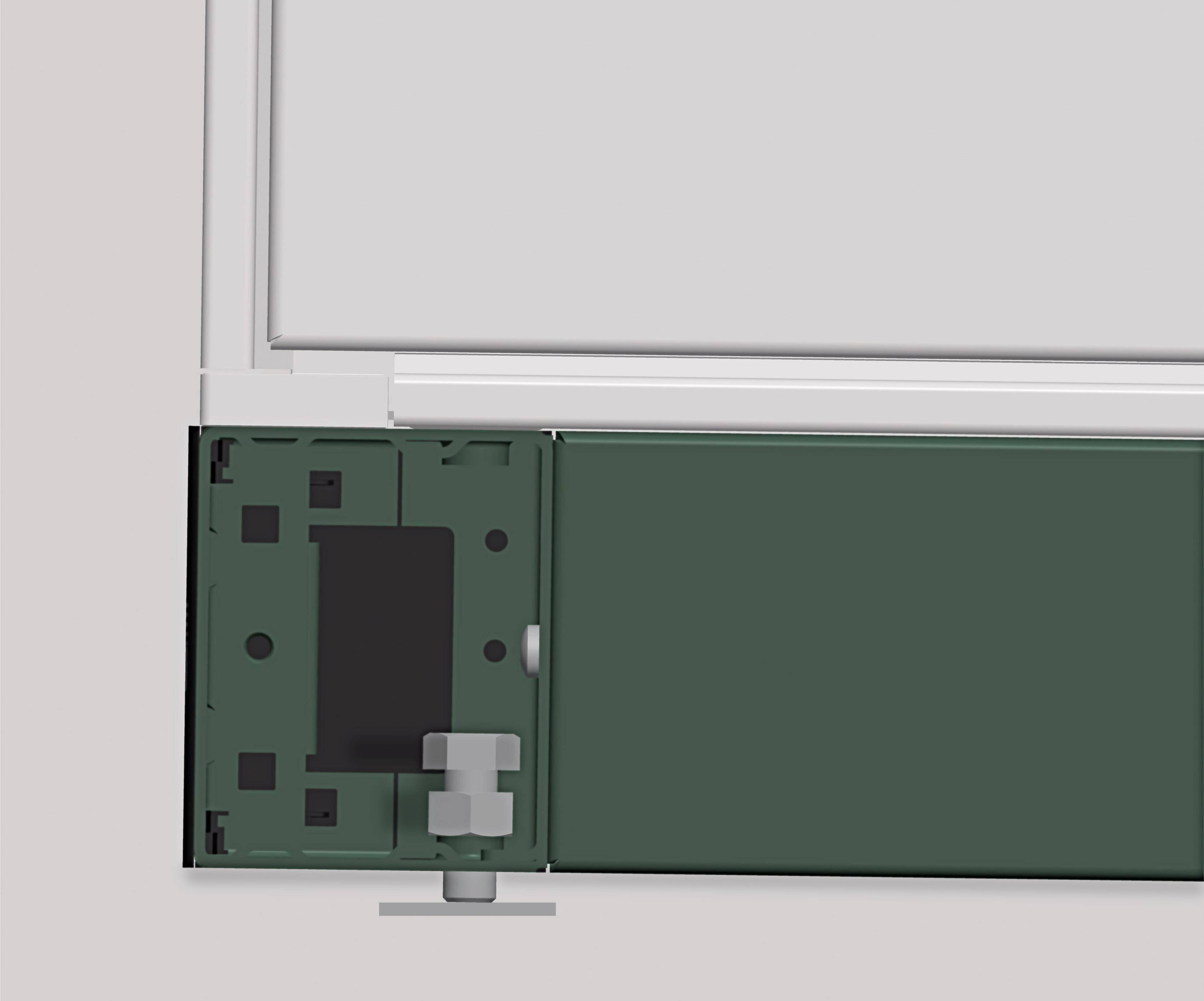 Darstellung eines grünen Rahmenelements eines Fenstermechanismus mit einem grauen Hebel zur Funktionserklärung.