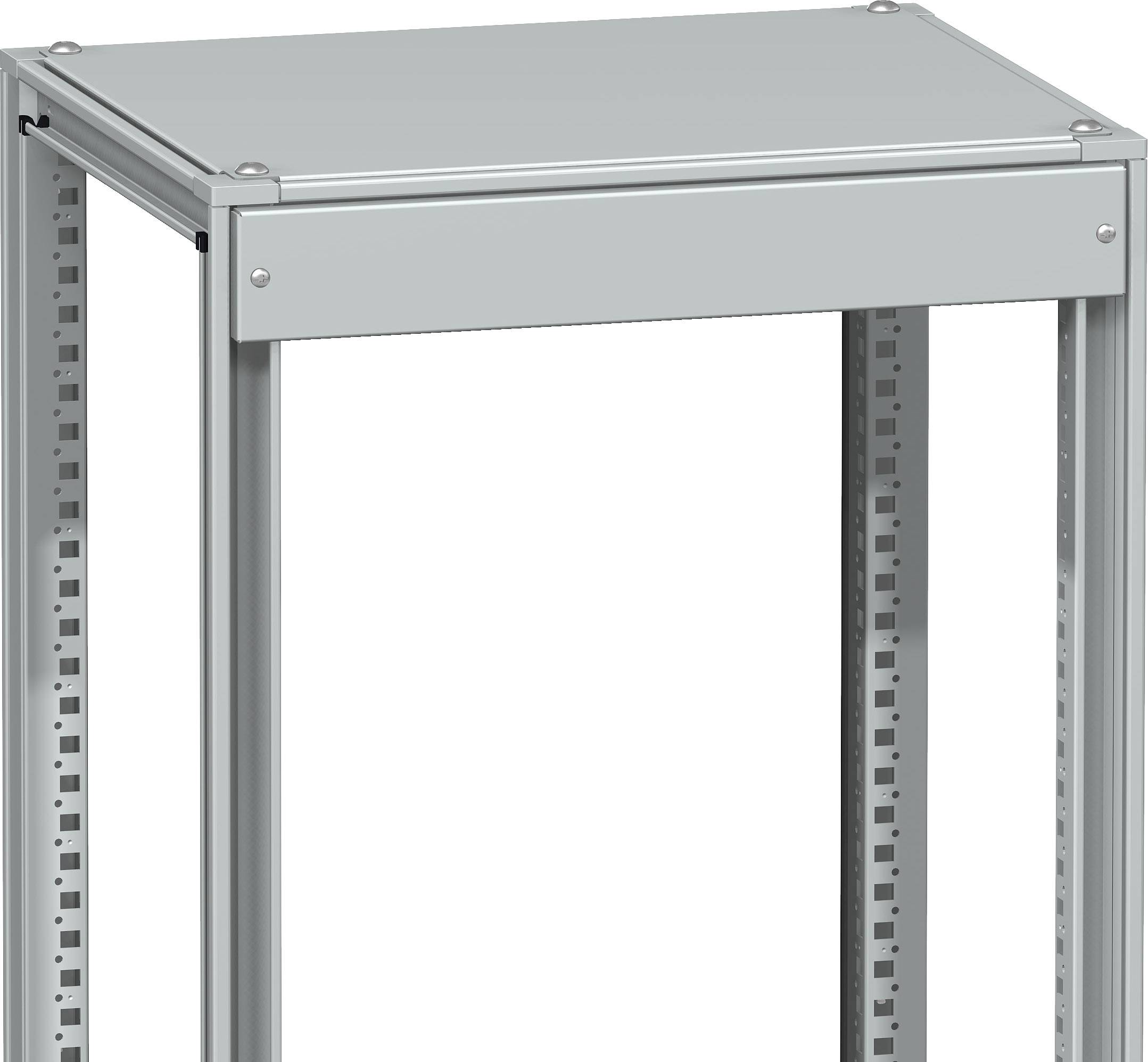 Ein grauer Metallrahmen eines Schranks ohne Türen, mit sichtbaren Befestigungslöchern an den Seitenteilen.