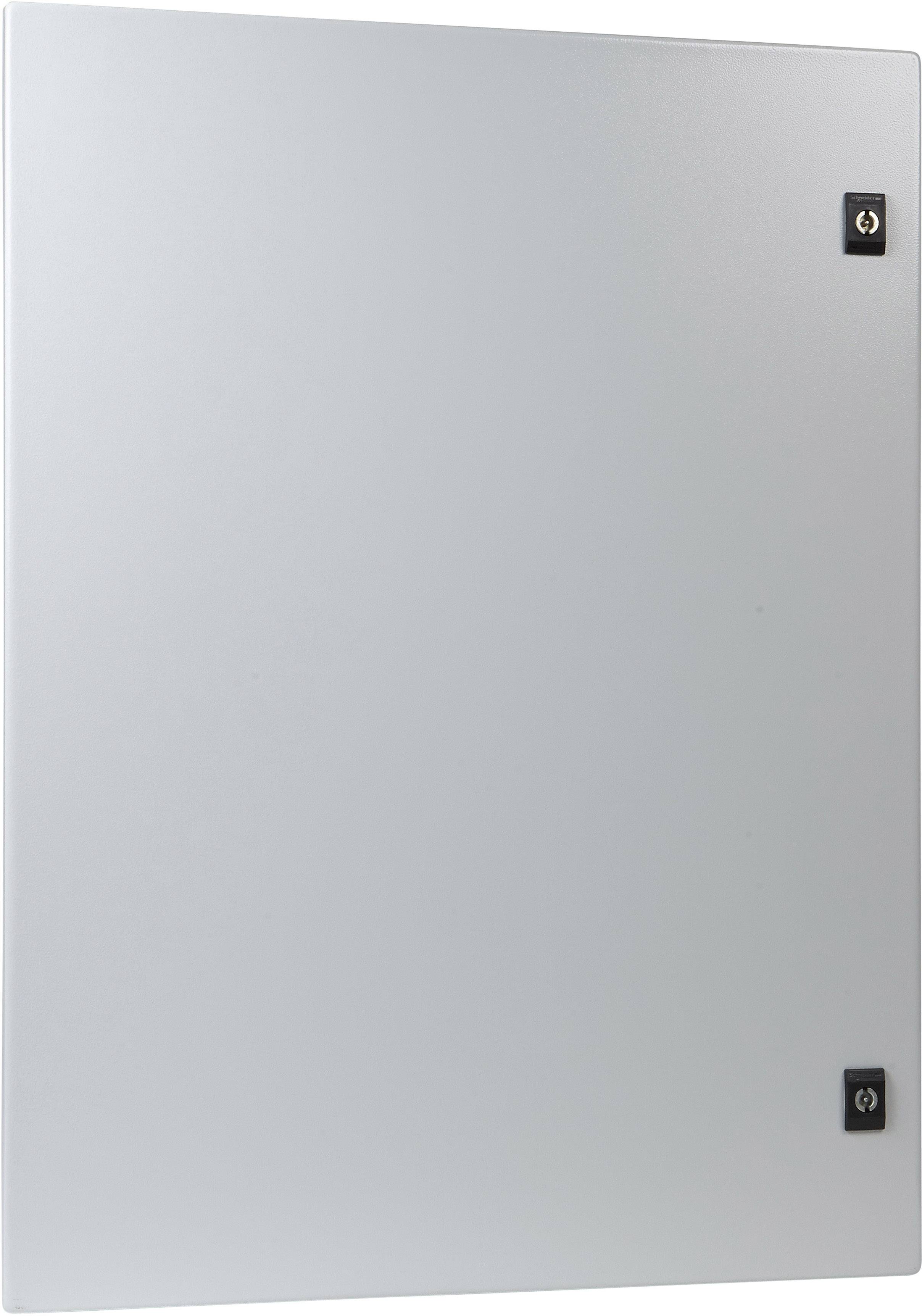Metallisches Wandpanel mit vier Schrauben in den Ecken. Schlichtes Design, geeignet für industrielle oder technische Anwendungen.