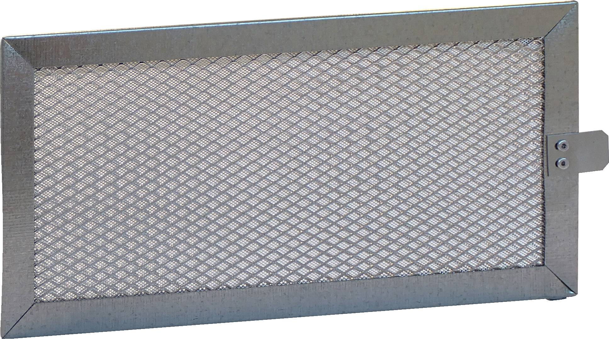 Lüftungsgitter aus Metall mit rechteckigem Rahmen und Maschendraht, geeignet für den Einbau in Wände oder Decken zur Belüftung.