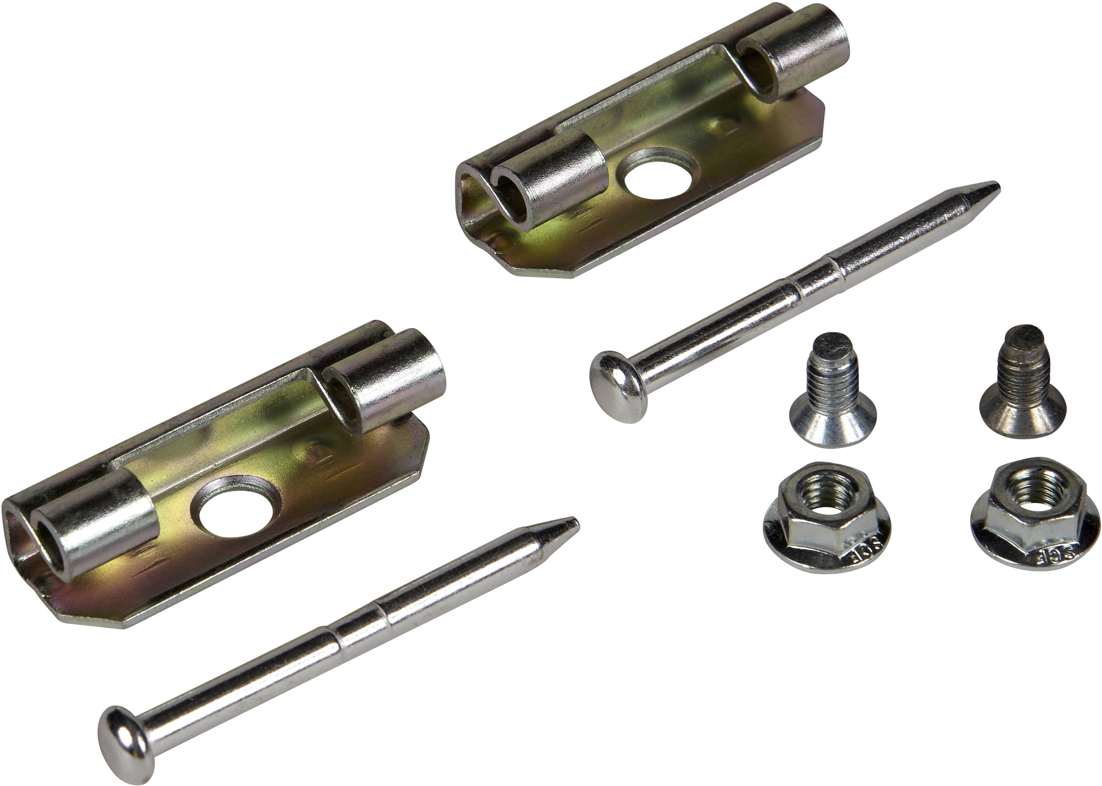 Metallteile-Set mit zwei Scharnieren, langen Stiften und verschiedenen Schrauben und Muttern, auf einer weißen Oberfläche angeordnet.