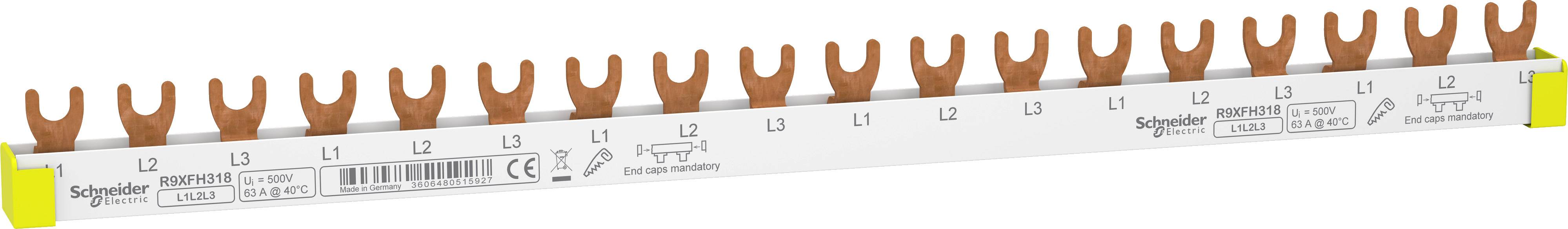 Stromverteiler in Gabelform der Marke Schneider Electric, Modell Acti9 iC60. Genutzt zur Verteilung des Stroms in Schalttafeln.