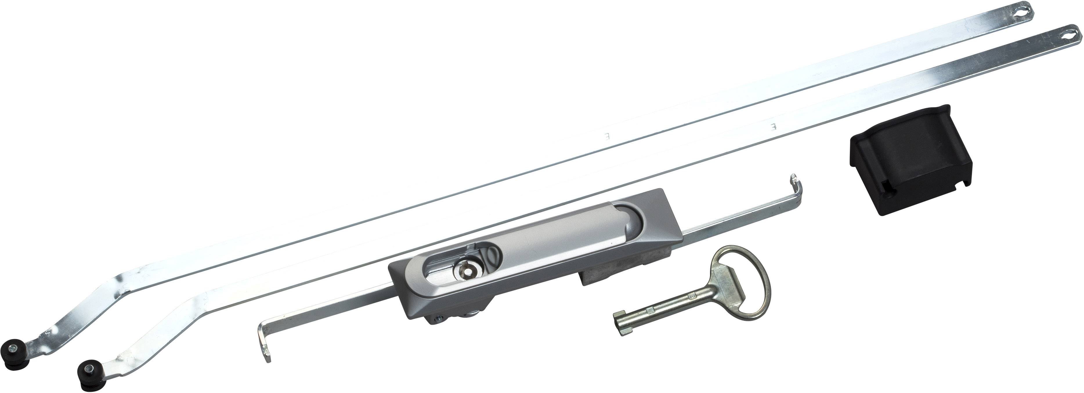Metallverschlussmechanismus mit zwei langen Stangen, einem Schlüssel und einem schwarzen Kunststoffteil. Verwendung für Türsicherheit.