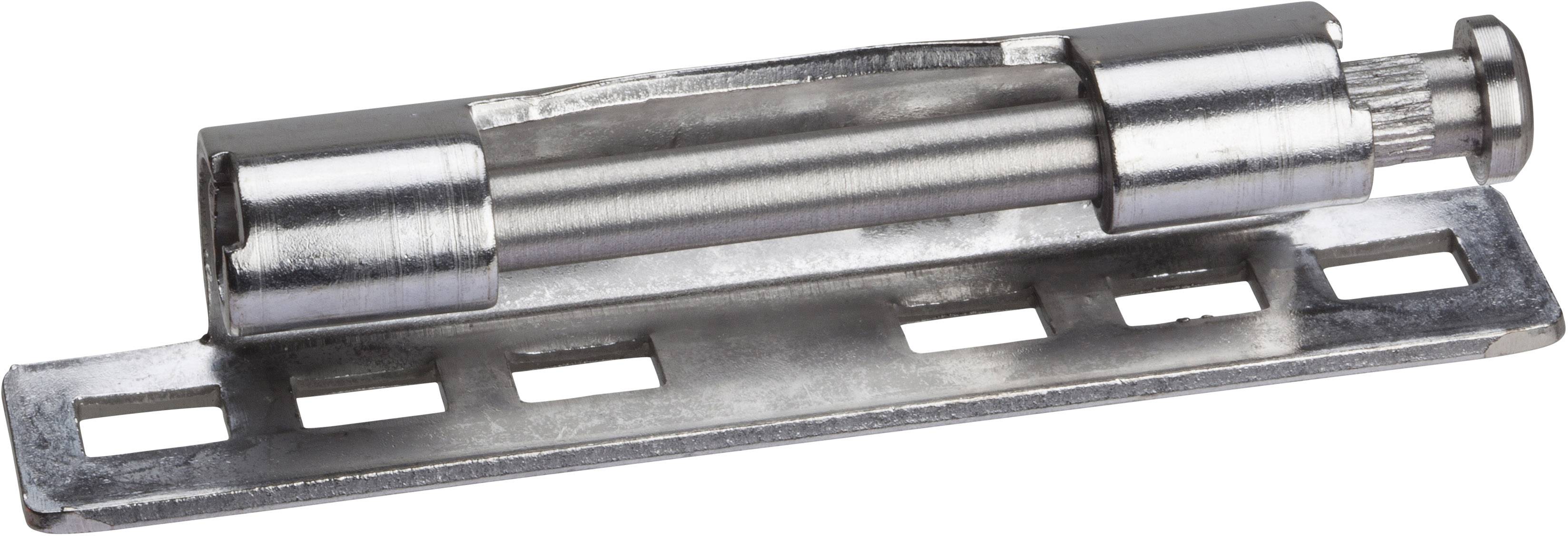 Eine silberne Federspannrolle aus Metall mit rechteckiger Basis, die zur Spannung von Federn oder Schnüren verwendet wird.