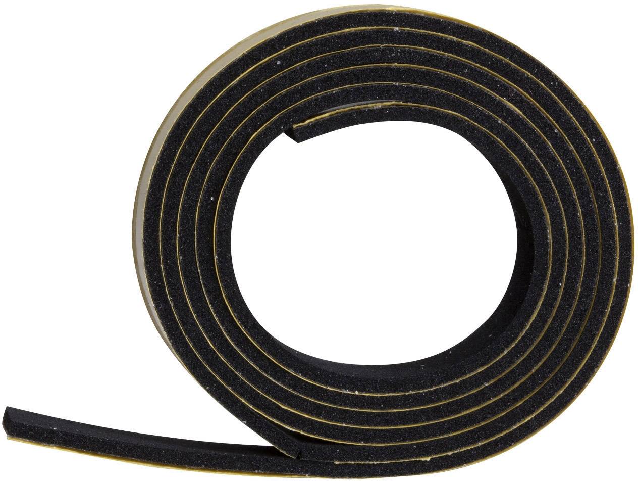 Schwarzes Schaumstoff-Dichtungsband, aufgerollt, mit gelber Klebefläche. Geeignet für Fenster- und Türabdichtung.