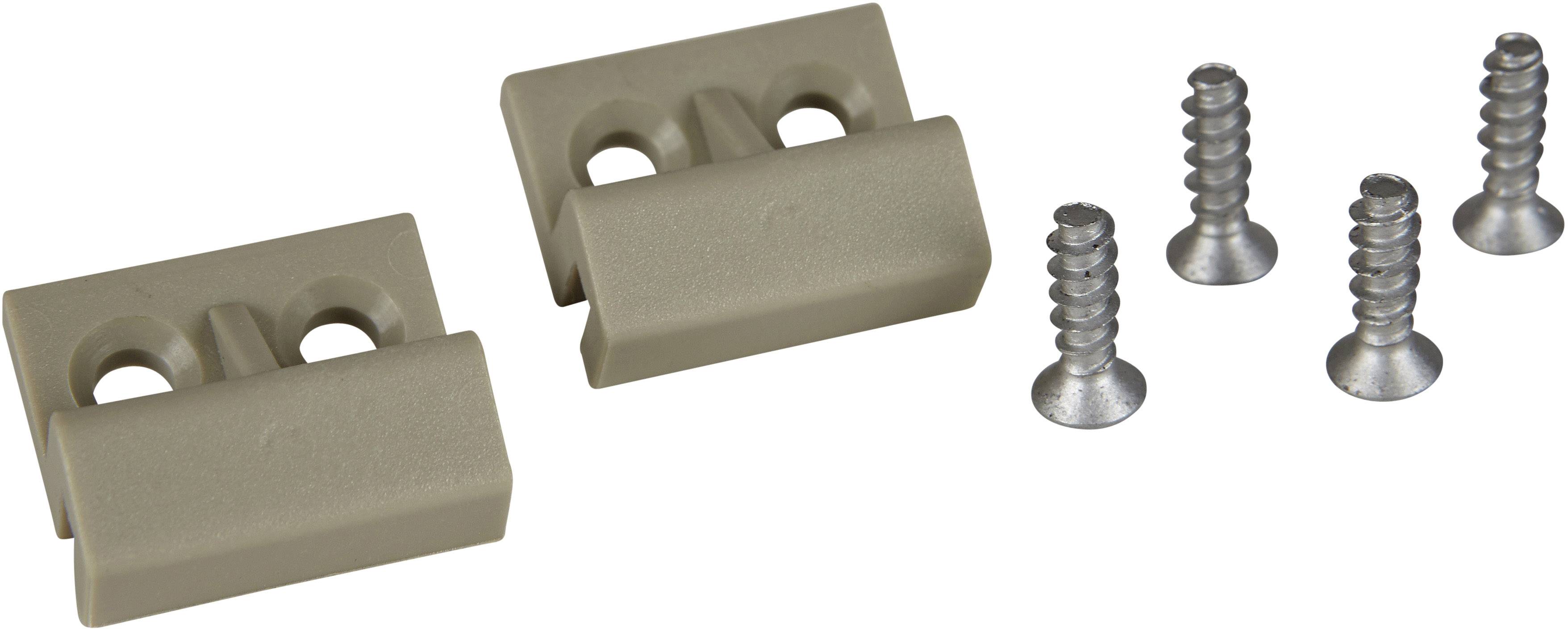 Zwei beige Kunststoff-Scharniere mit je zwei Löchern, daneben vier Metallschrauben. Geeignet für Montageanwendungen.