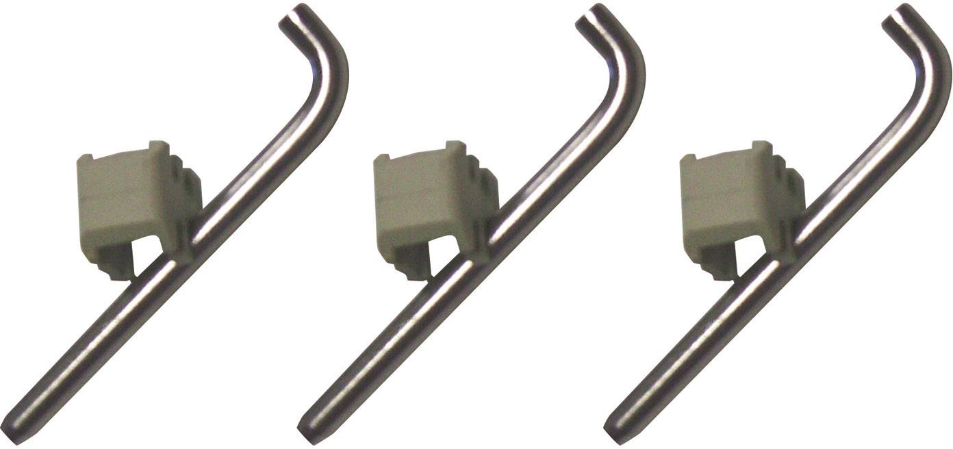 Drei identische Metallhaken mit Kunststoffhalterungen in einer Reihe.