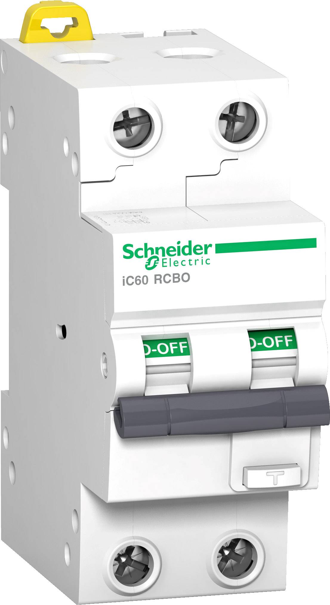 Ein zweipoliger Leitungsschutzschalter von Schneider Electric, Modell iC60 RCBO, weißes Gehäuse mit grüner Beschriftung.