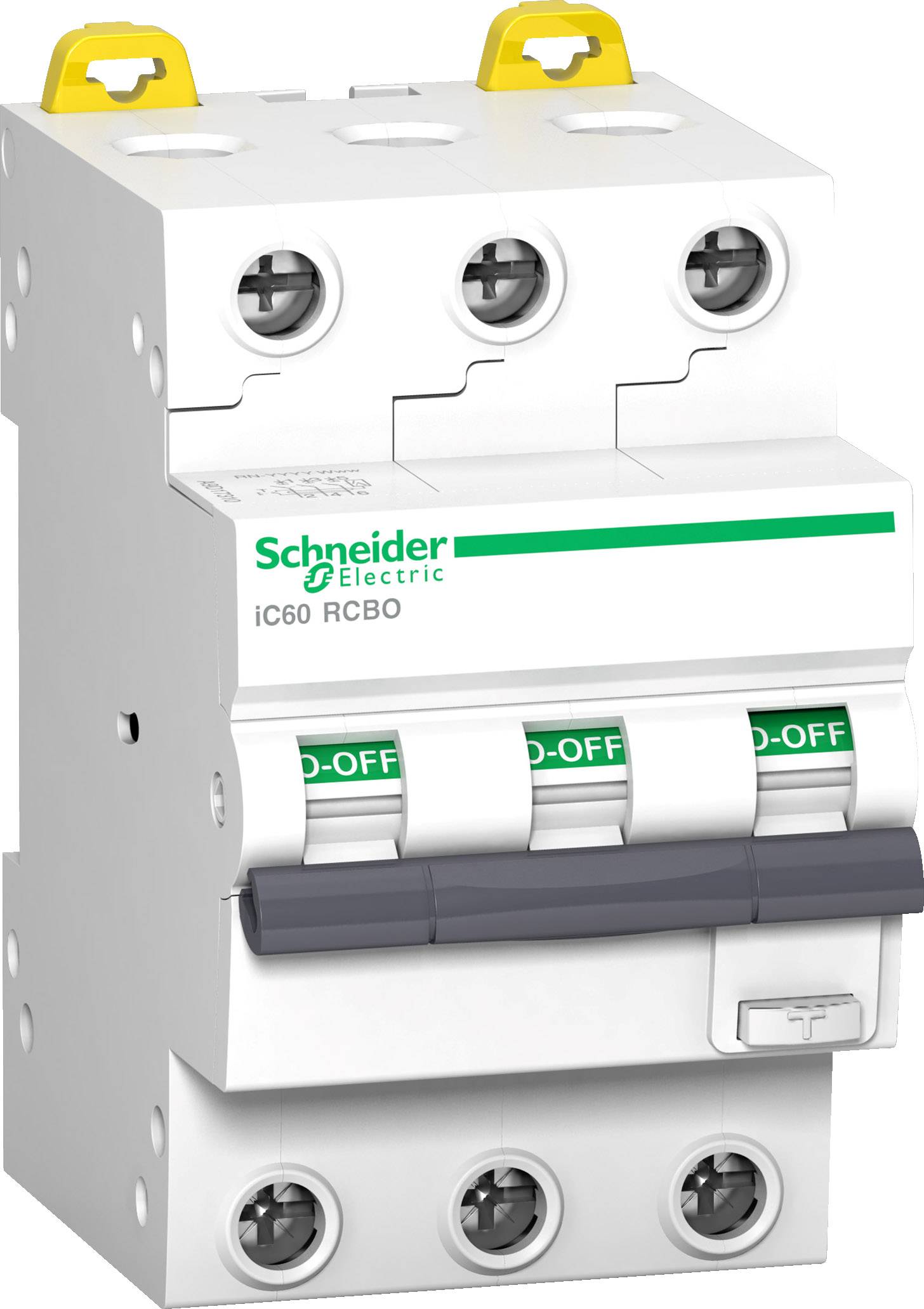 Ein dreipoliger Leistungsschalter der Marke Schneider Electric, Modell iC60 RCBO, mit Beschriftung 'ON-OFF' auf grünen Hebeln.
