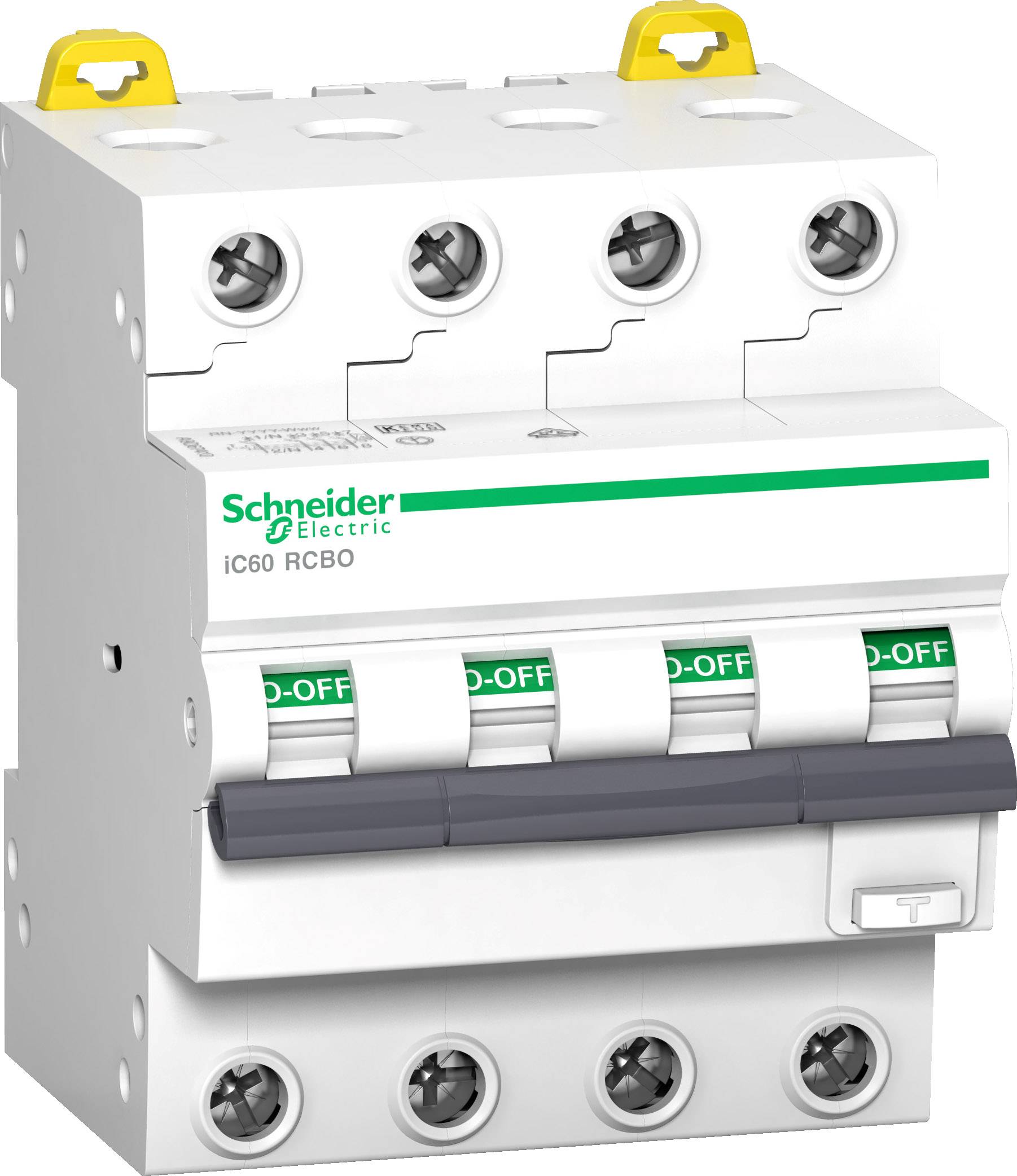 Leistungsschalter mit grünem 'ON-OFF'-Schalter, Schneider Electric Logo und Beschriftung 'iC60 RCBO', vierpolig, weiße Gehäusefarbe.