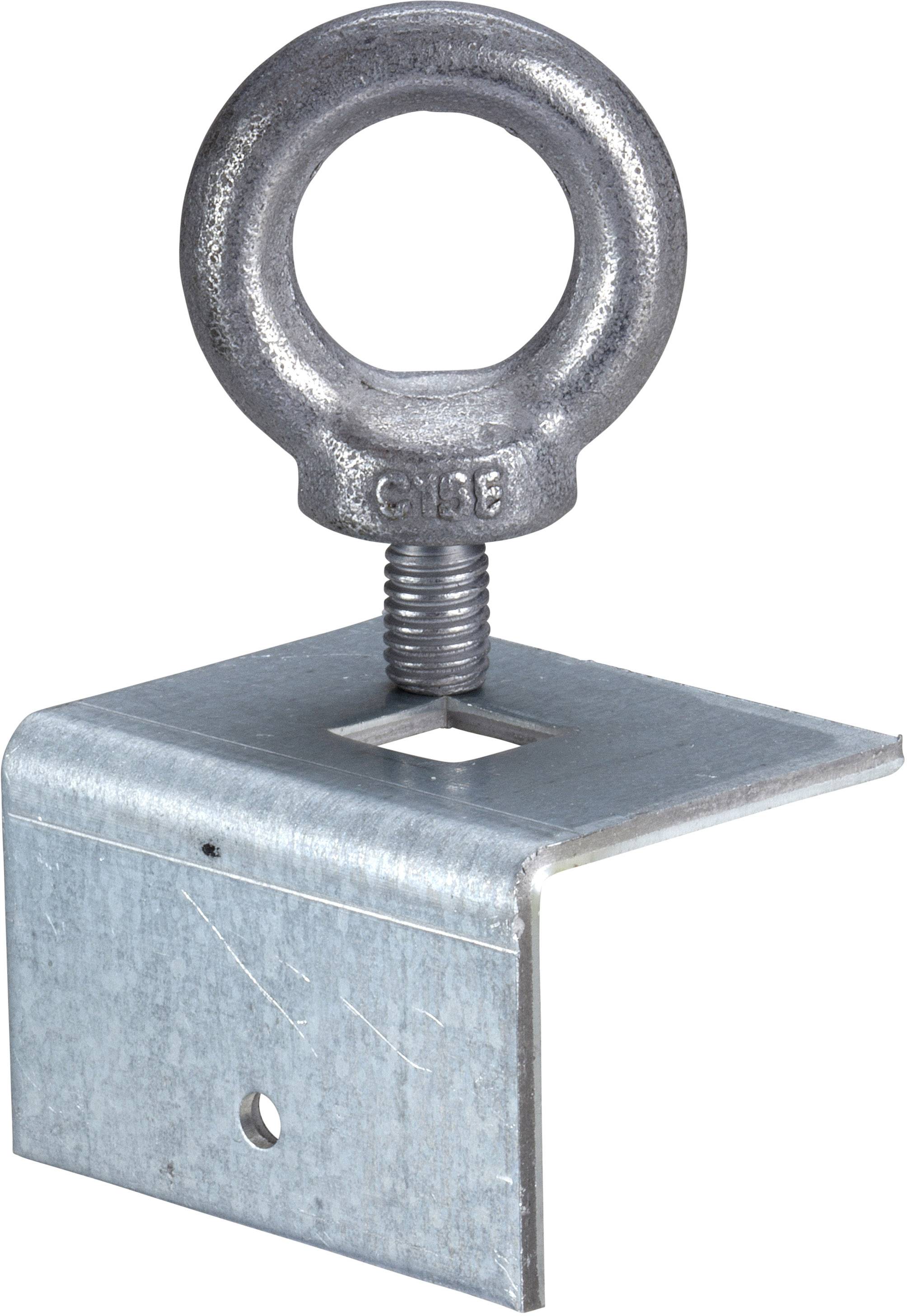 Metallwinkel mit geschlossener Ringschraube, geeignet zum Befestigen von Gegenständen an einer Oberfläche, silberfarben.