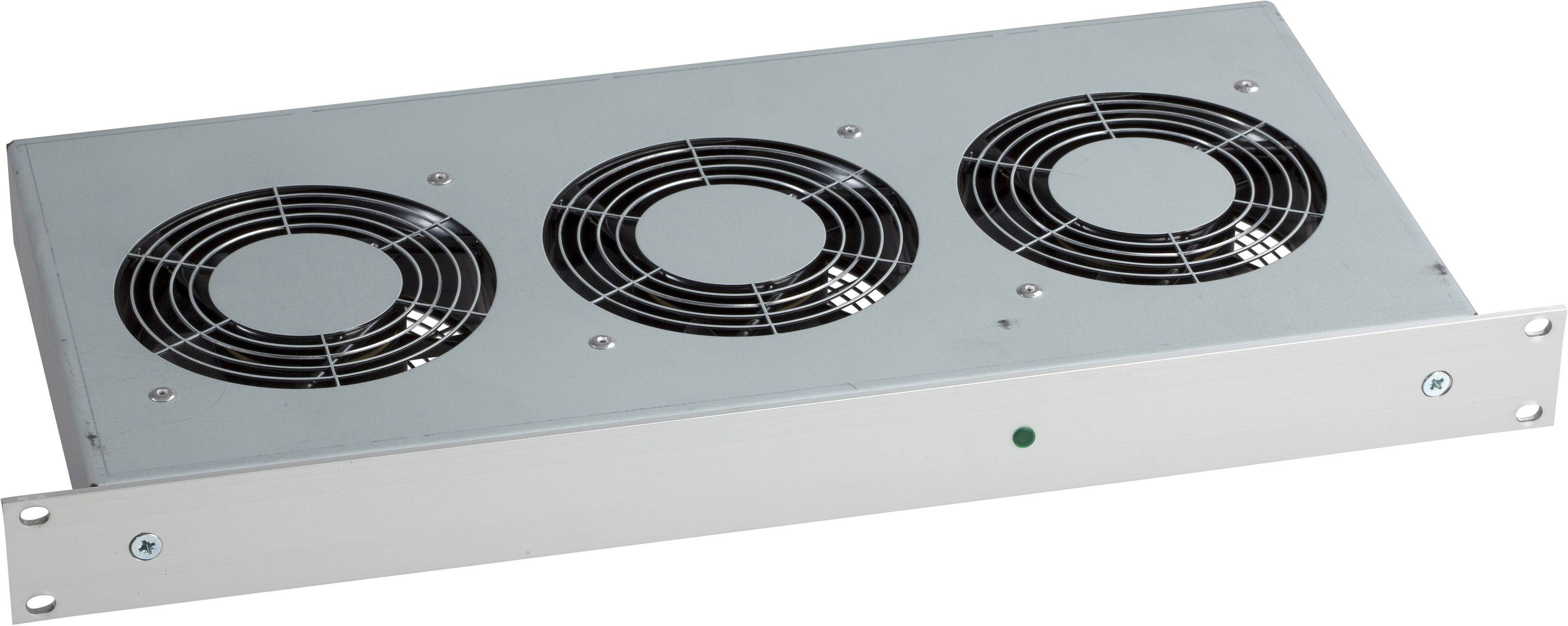 Drei Lüfter in einem Metallgehäuse zur Kühlung in Server-Racks.