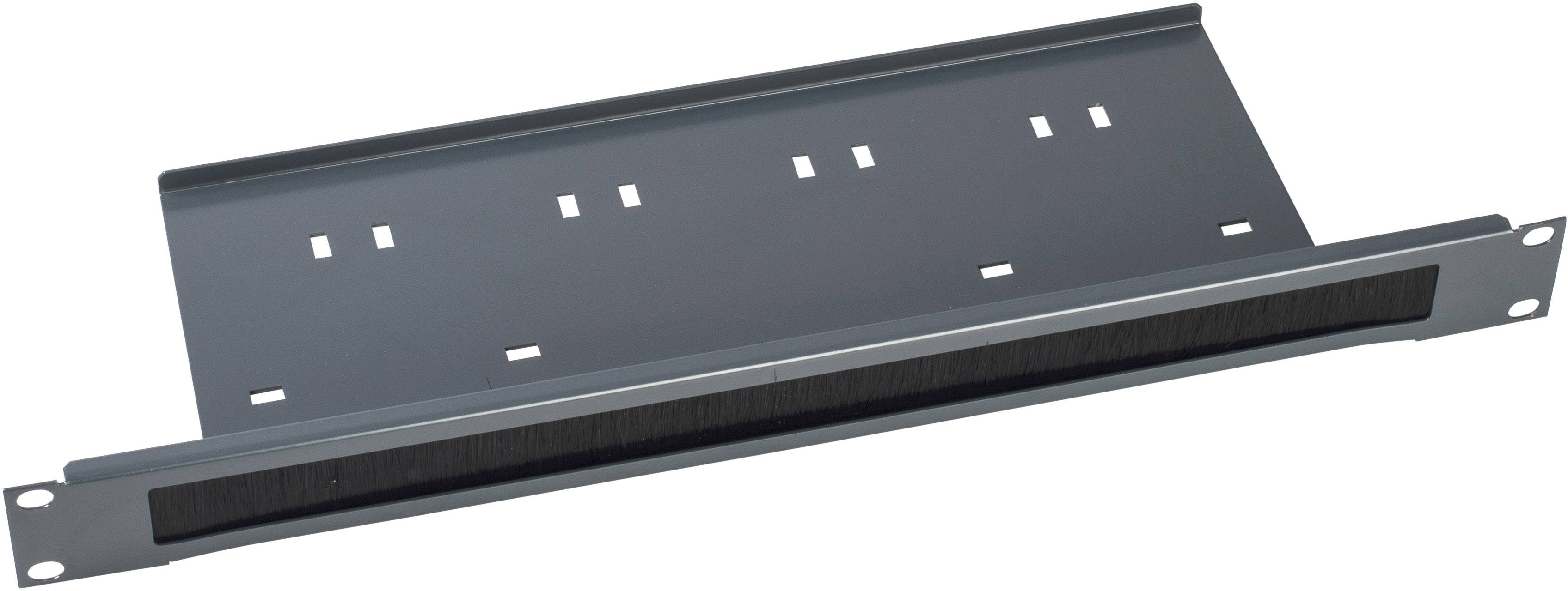 Metallplatte mit rechteckigen Öffnungen und eingelassenen Borsten. Dient zur Kabelführung in elektronischen Racks.