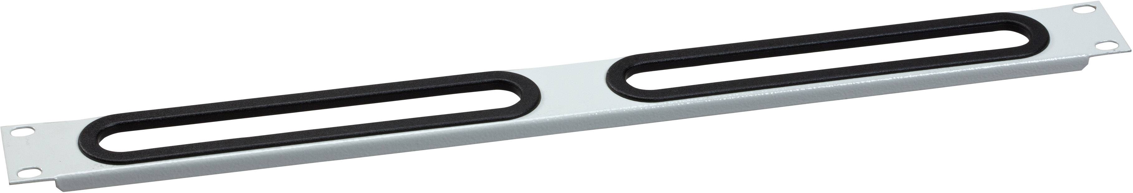 Ein silbernes Metallteil mit zwei länglichen ovalen Öffnungen, vermutlich eine Schienenabdeckung oder ein Belüftungsgitter.