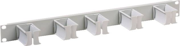 Metallplatte mit fünf quadratischen Halterungen zum Organisieren von Kabeln, montierbar an einer Wand oder in einem Schrank.