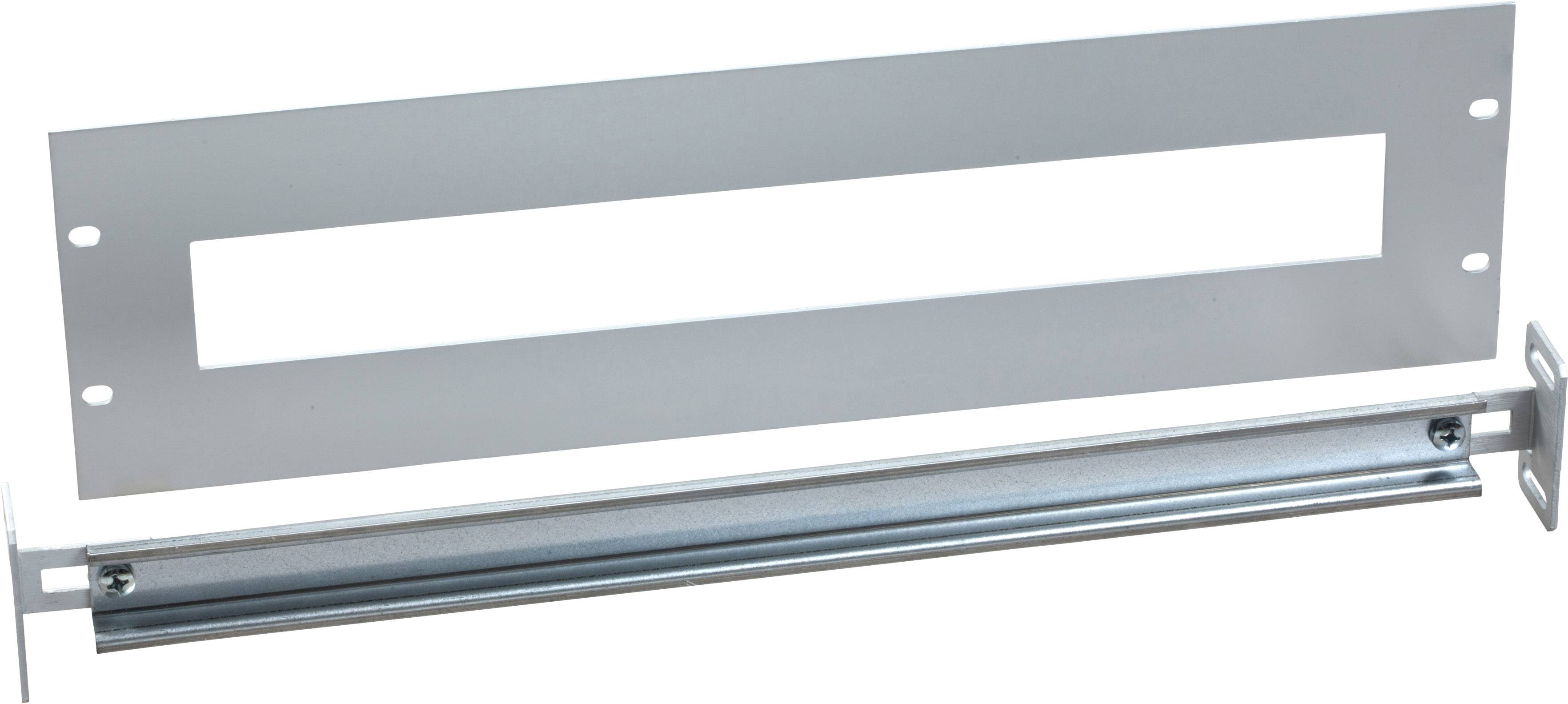 Ein silbernes Metallteil mit rechteckigem Aufbau und vier Löchern an den Ecken. Im unteren Teil ist eine Stange befestigt.