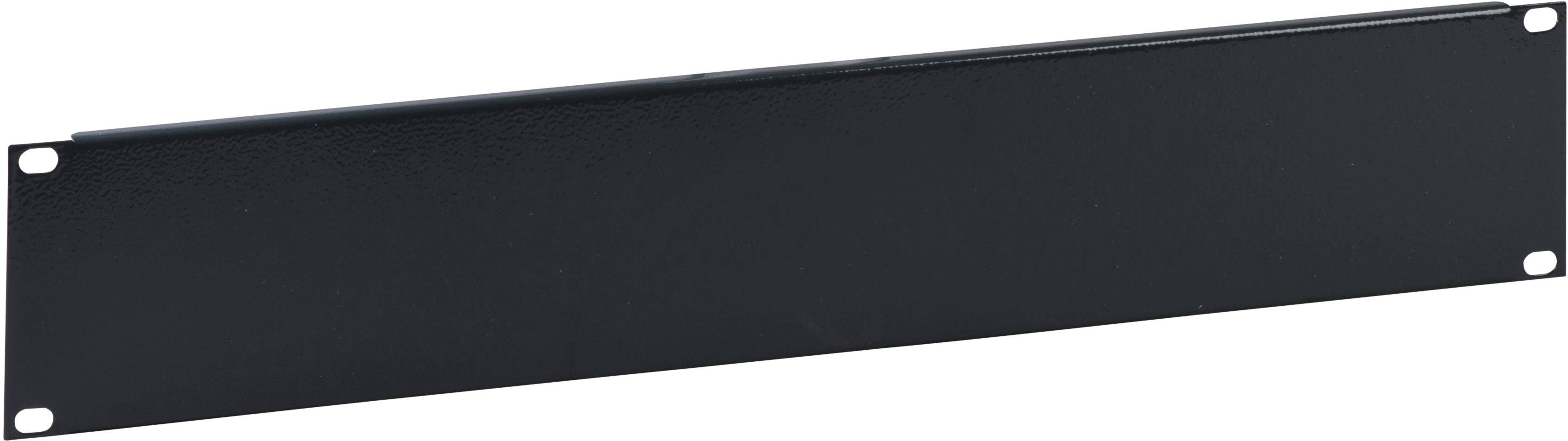 Ein schwarzes, rechteckiges Metall-Bauteil mit vier Löchern, eines in jeder Ecke, wahrscheinlich als Abdeckung oder Blende verwendbar.