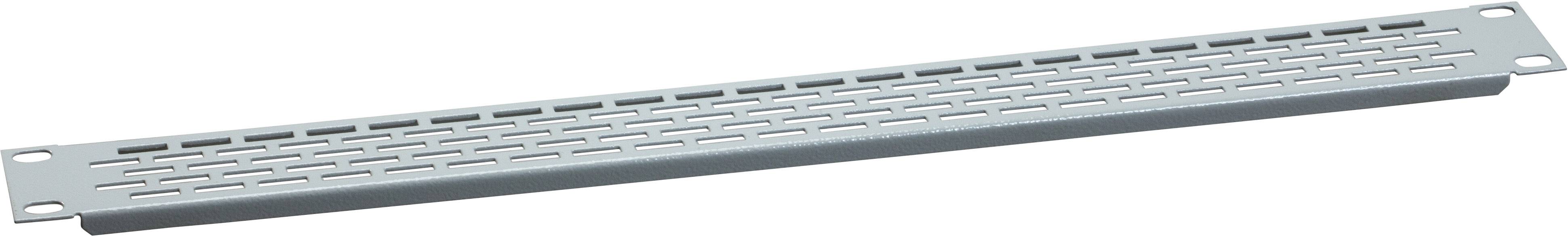 Ein silbernes Belüftungspanel aus Metall für die Montage in einem Rack, mit rechteckigen Lüftungsschlitzen, horizontal ausgerichtet.
