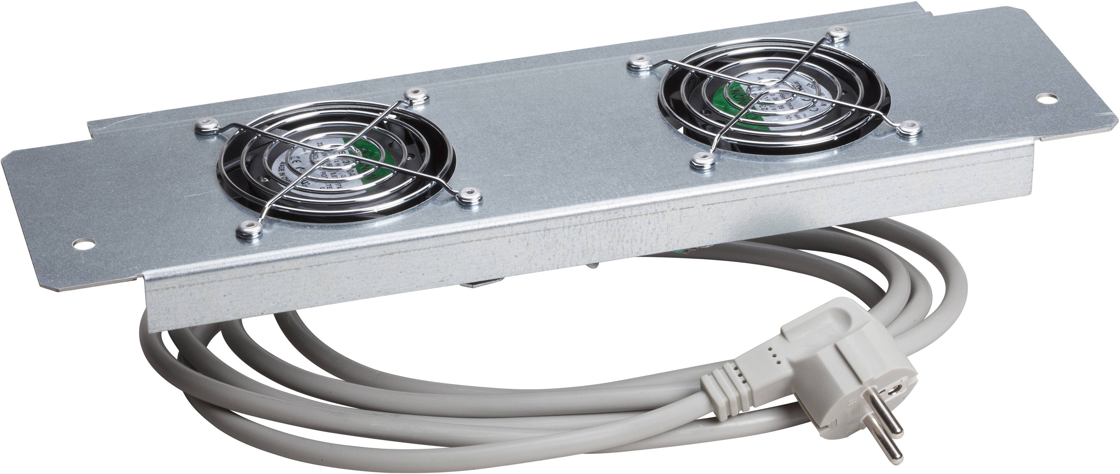 Ein rechteckiger Metalllüfter mit zwei Ventilatoren, einem weißen Kabel und einem europäischen Stecker, vermutlich zur Kühlung von Geräten.
