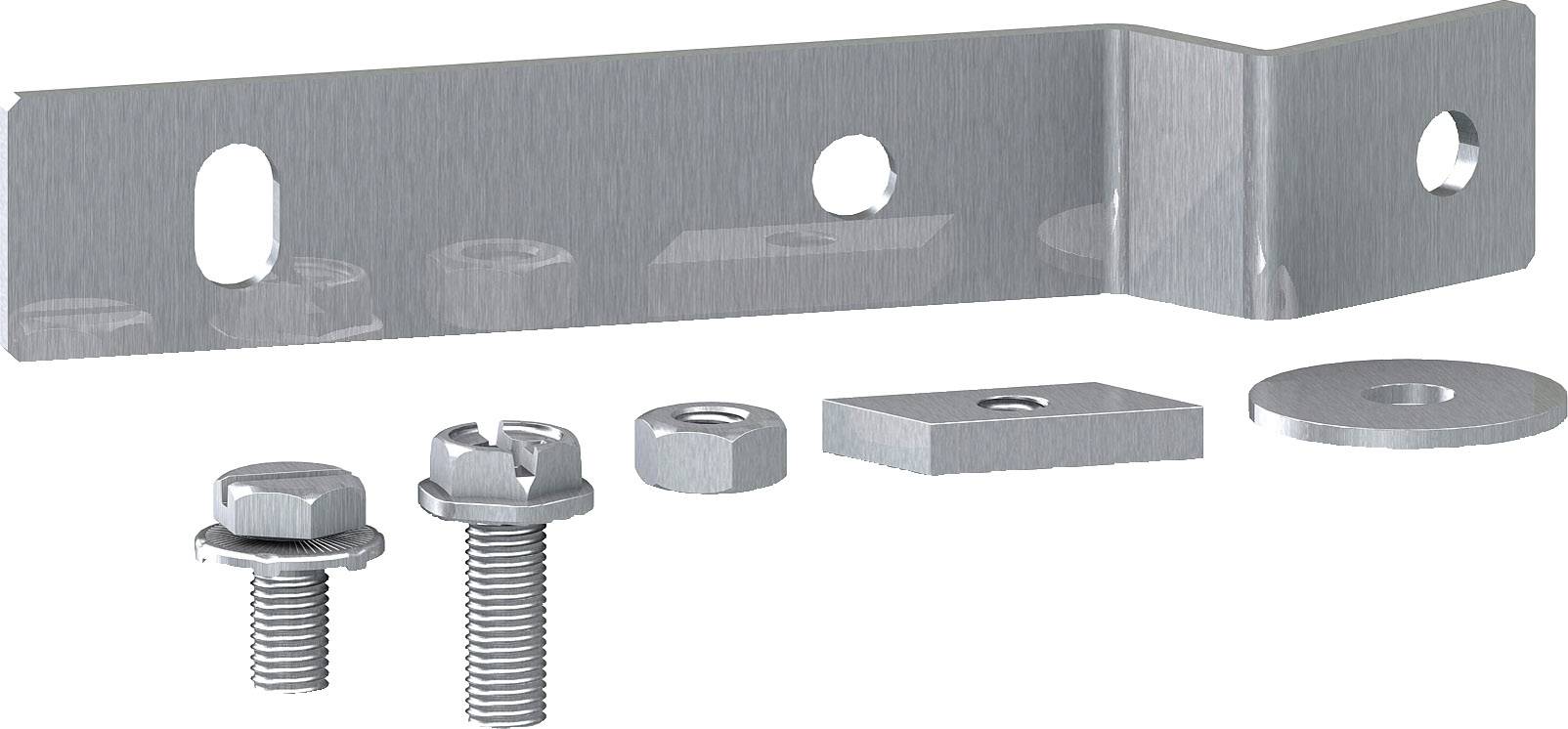 Metallischer Befestigungswinkel mit Löchern, begleitet von Schrauben, Muttern und Unterlegscheiben für Montagezwecke.