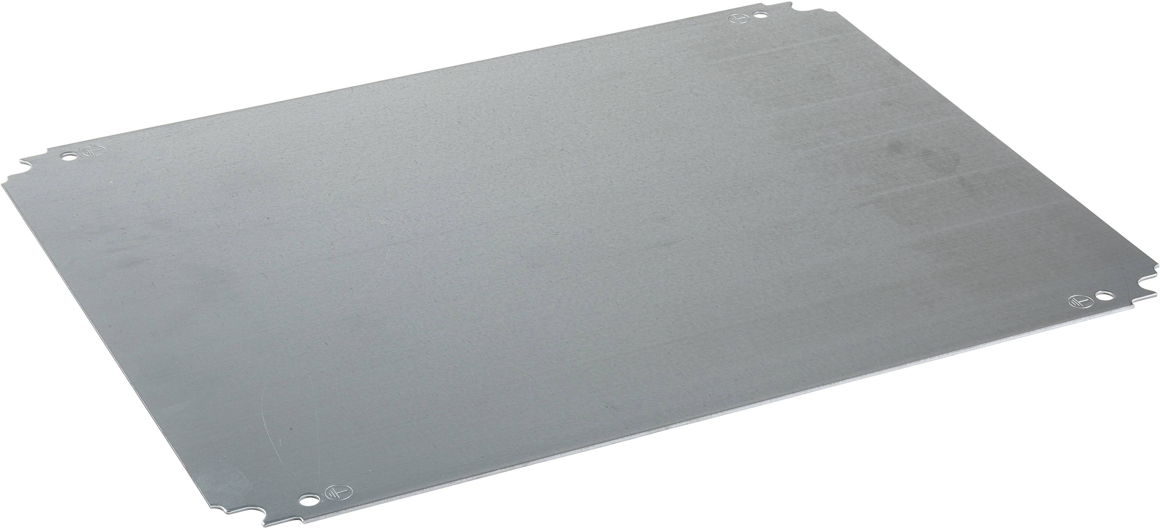 Blecheinsatz für Schaltkästen, metallisch und rechteckig, dient zur Befestigung oder Montage von elektronischen Komponenten.
