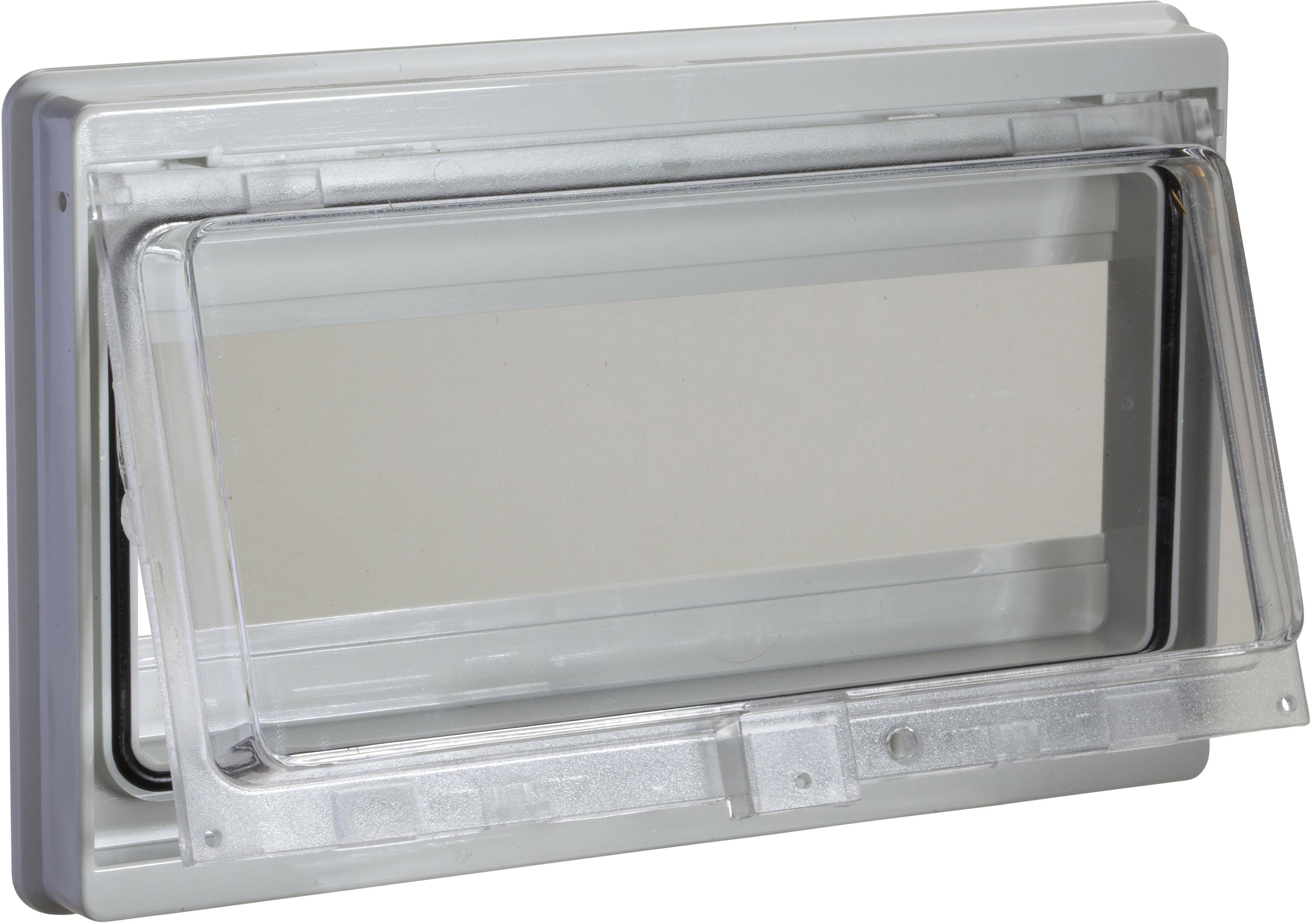 Ein rechteckiger, transparenter Kunststoffrahmen mit einer schwenkbaren Abdeckung, möglicherweise zum Schutz von Wandschaltern oder Steckdosen.