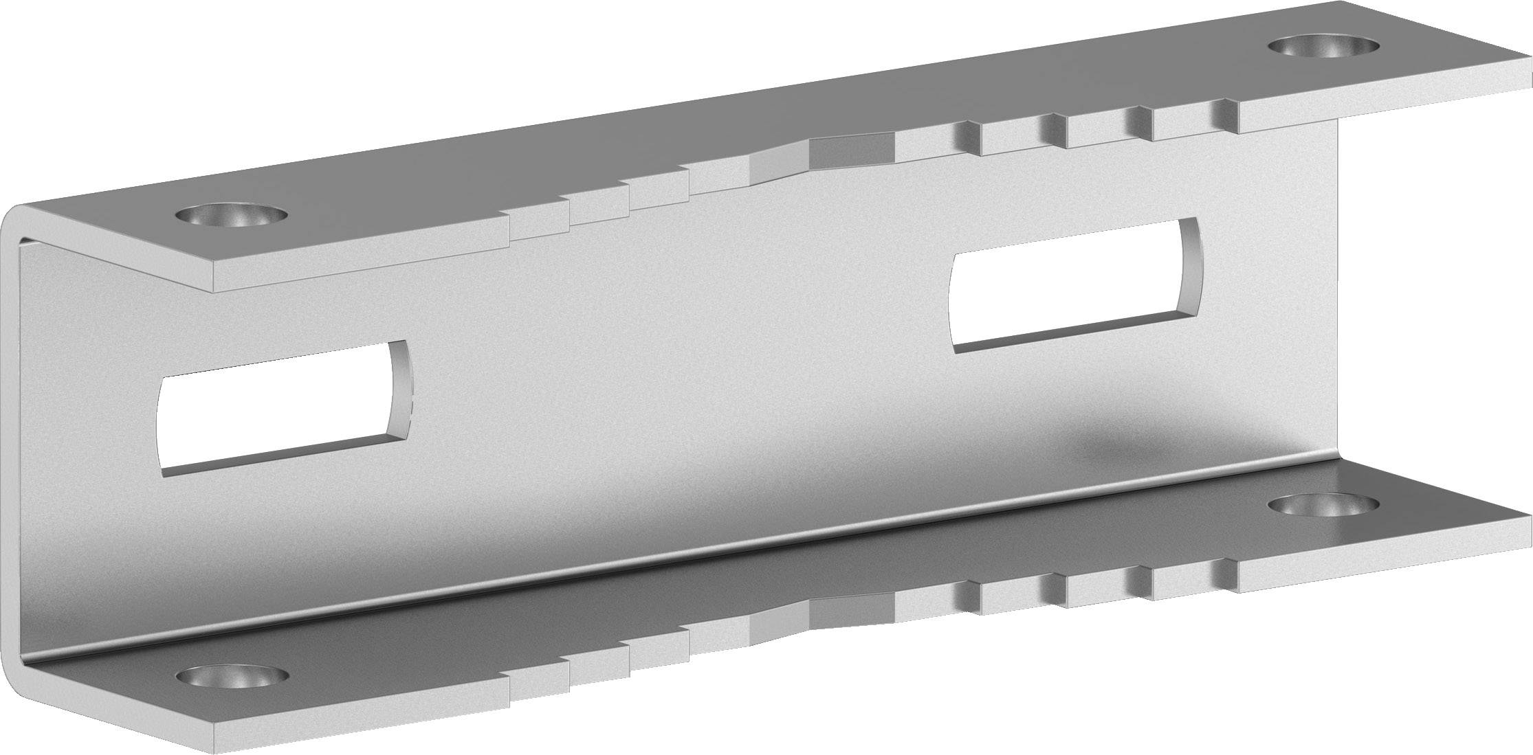 Metallwinkel mit rechteckigen Aussparungen und vier Löchern zur Befestigung, vermutlich Teil eines Montage- oder Konstruktionselements.