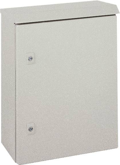 Grauer, rechteckiger Metallkasten mit zwei Schrauben vorne. Könnte ein elektrischer Verteilerkasten sein.