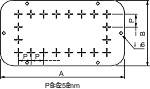 Technische Zeichnung eines rechteckigen Flansches mit Maßen A, B und P. Symmetrische Lochanordnung mit Kreuzmarkierungen.