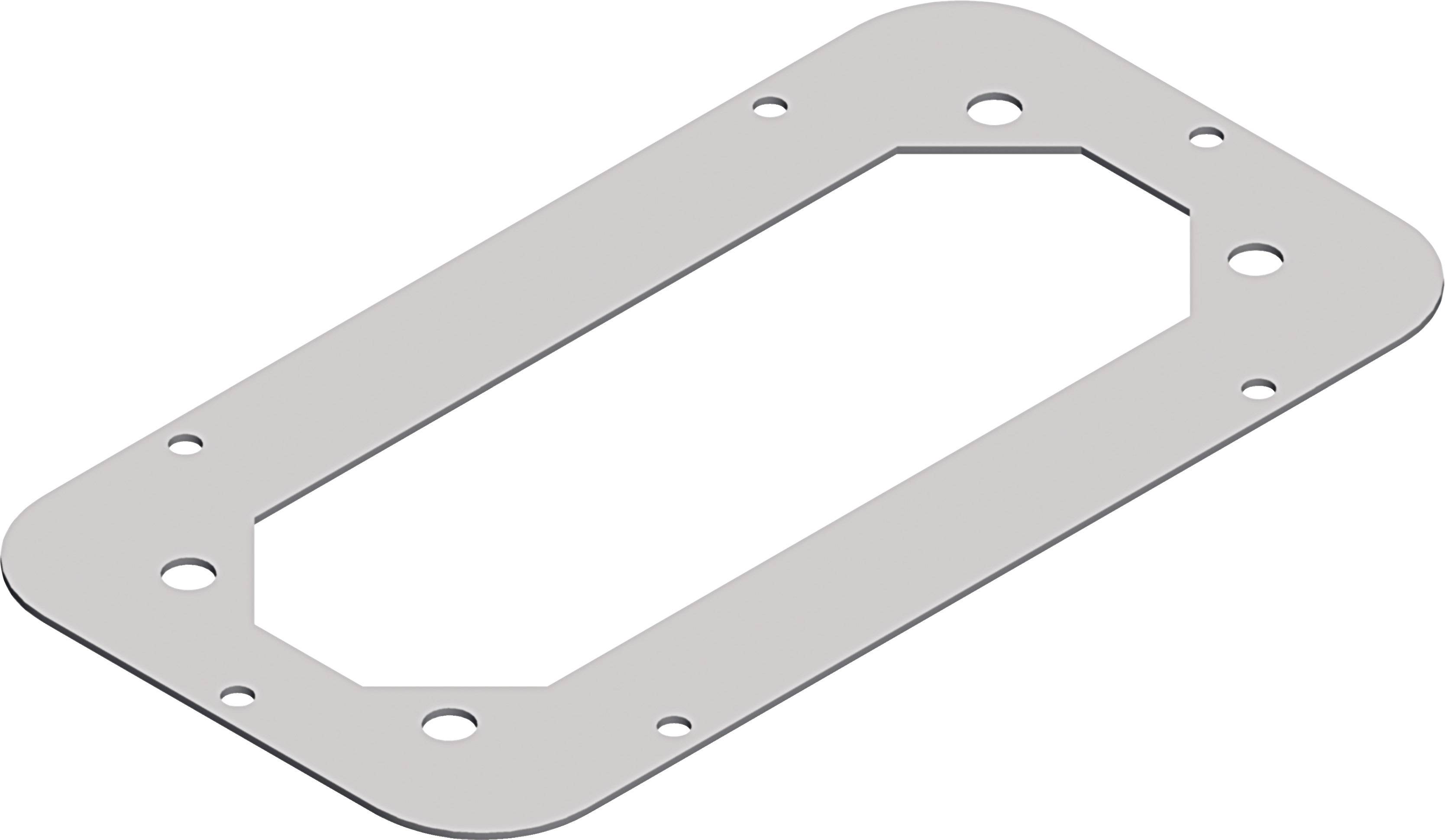 Rechteckige Metallplatte mit mehreren Bohrlöchern. Sie dient zur Verstärkung oder Verbindung in mechanischen Konstruktionen.