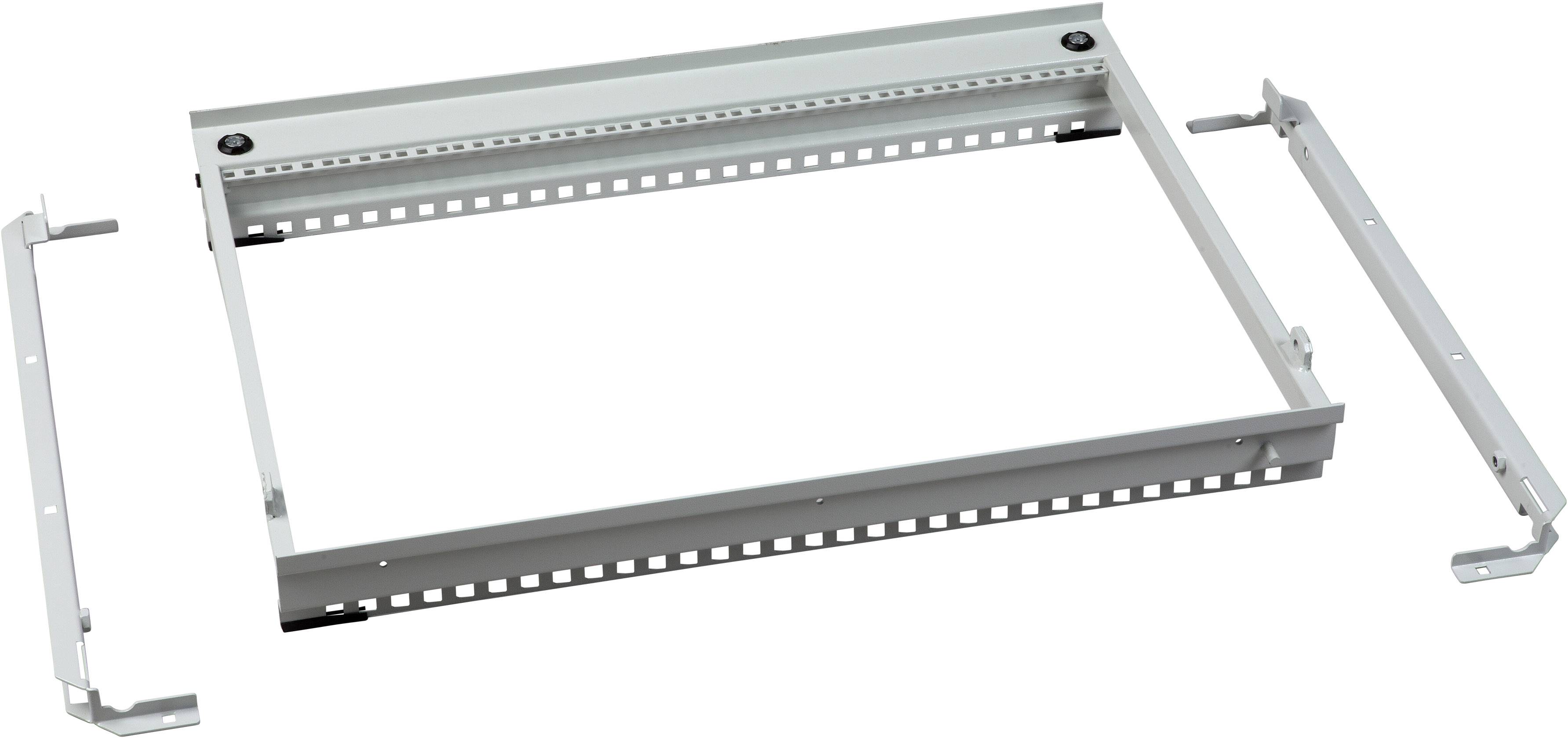 Ein weißer, rechteckiger Metallrahmen mit perforierten Kanten, daneben zwei separate Halterungen. Dient vermutlich zur Montage in einem Schrank.