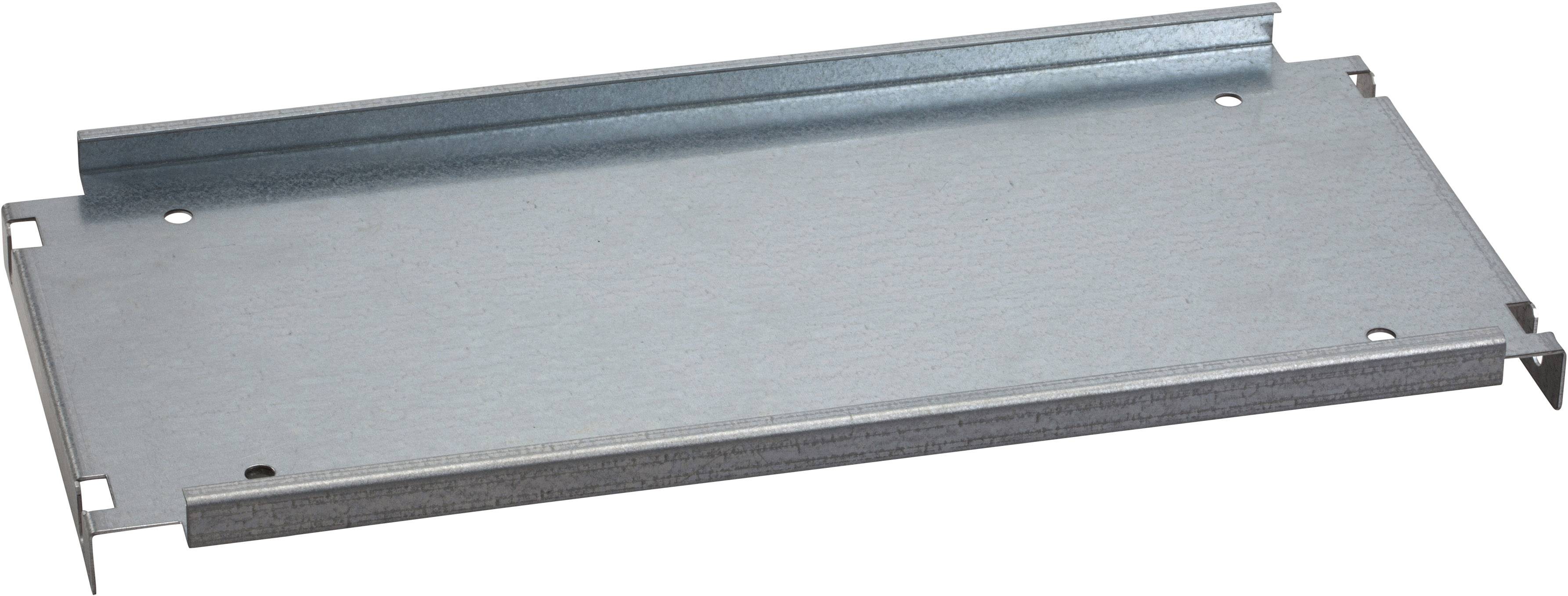 Metallplate mit Löchern an den Ecken und erhöhter Kante auf der oberen Seite. Sie dient zur Montage oder Befestigung von Bauteilen.