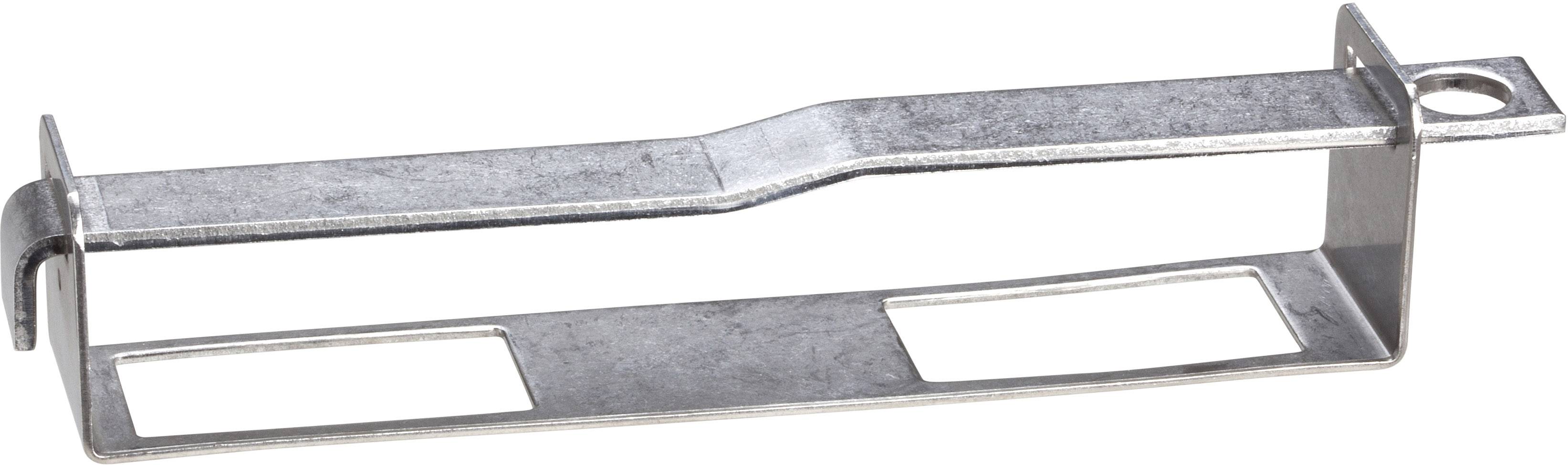 Metallische Halterung aus Stahl mit zwei rechteckigen Aussparungen und einer runden Bohrung an einem Ende, genutzt zur Befestigung.