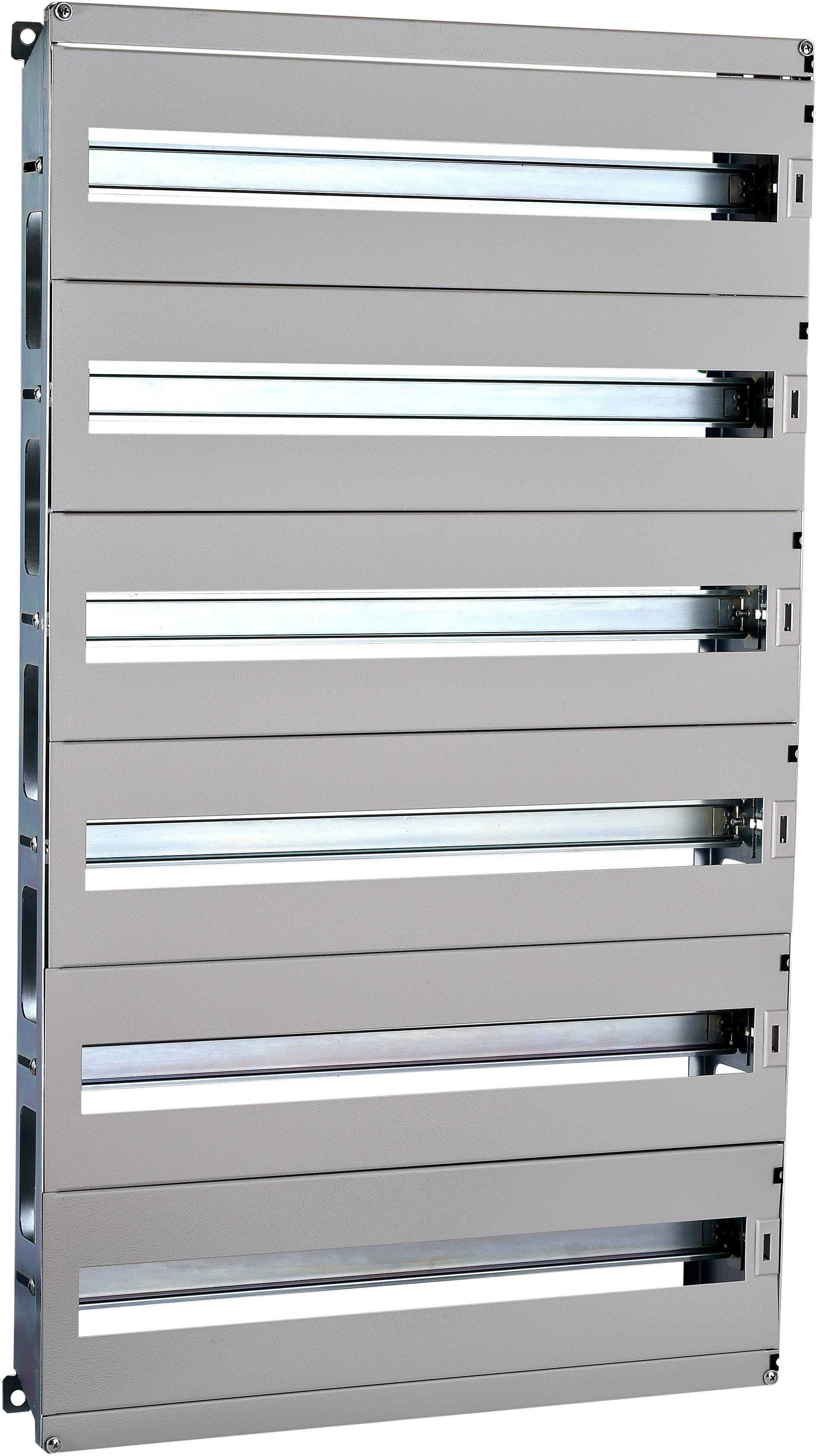 Ein moderner Schaltschrank mit mehreren horizontalen Fächern und metallischen Abdeckungen, geeignet für elektrische Installationen.