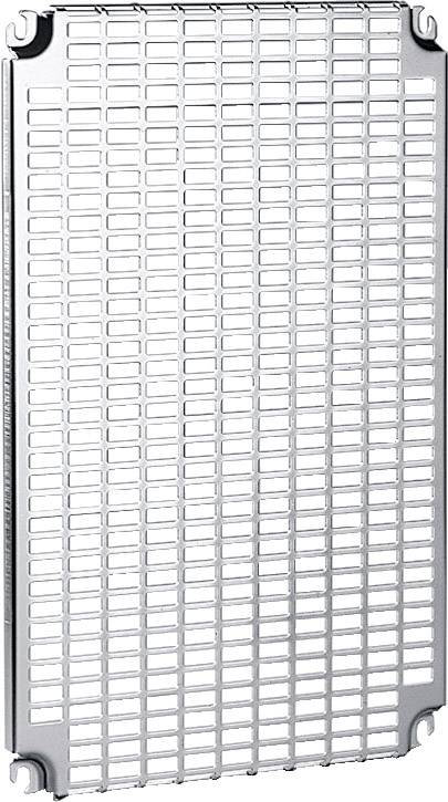 Ein rechteckiges Metallgitter mit Haken an den Ecken, wahrscheinlich Teil einer technischen oder baulichen Vorrichtung.